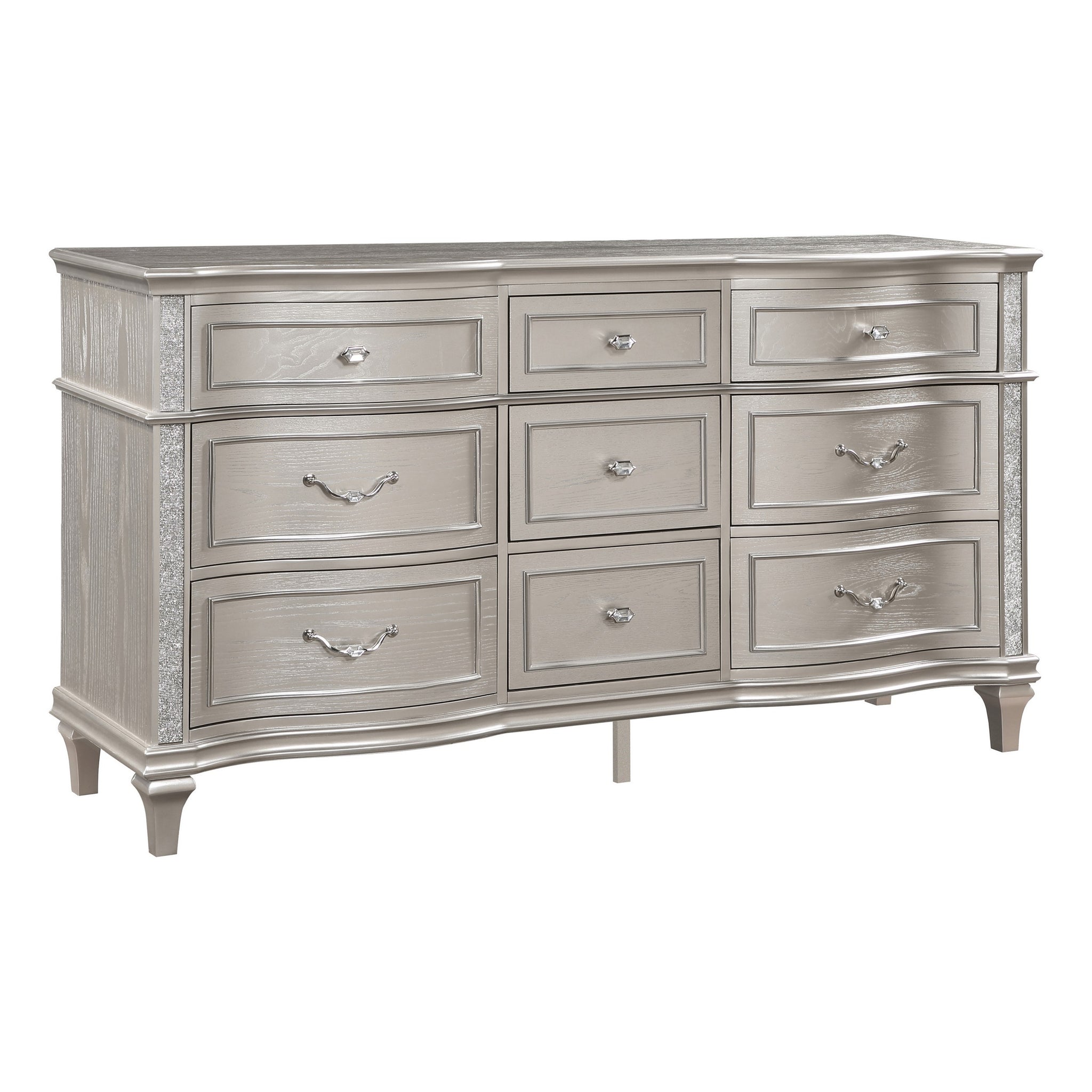 Inz 71 Inch 9 Drawer Wide Dresser, Elegant Trim Details, Classic Silver Silver Wood