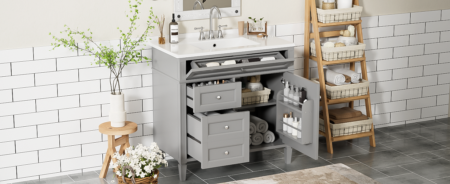 36'' Bathroom Vanity With Top Sink, Modern Bathroom Storage Cabinet With 2 Drawers And A Tip Out Drawer, Single Sink Bathroom Vanity Grey Bathroom Solid Wood Mdf Ceramic,Solid Wood Mdf