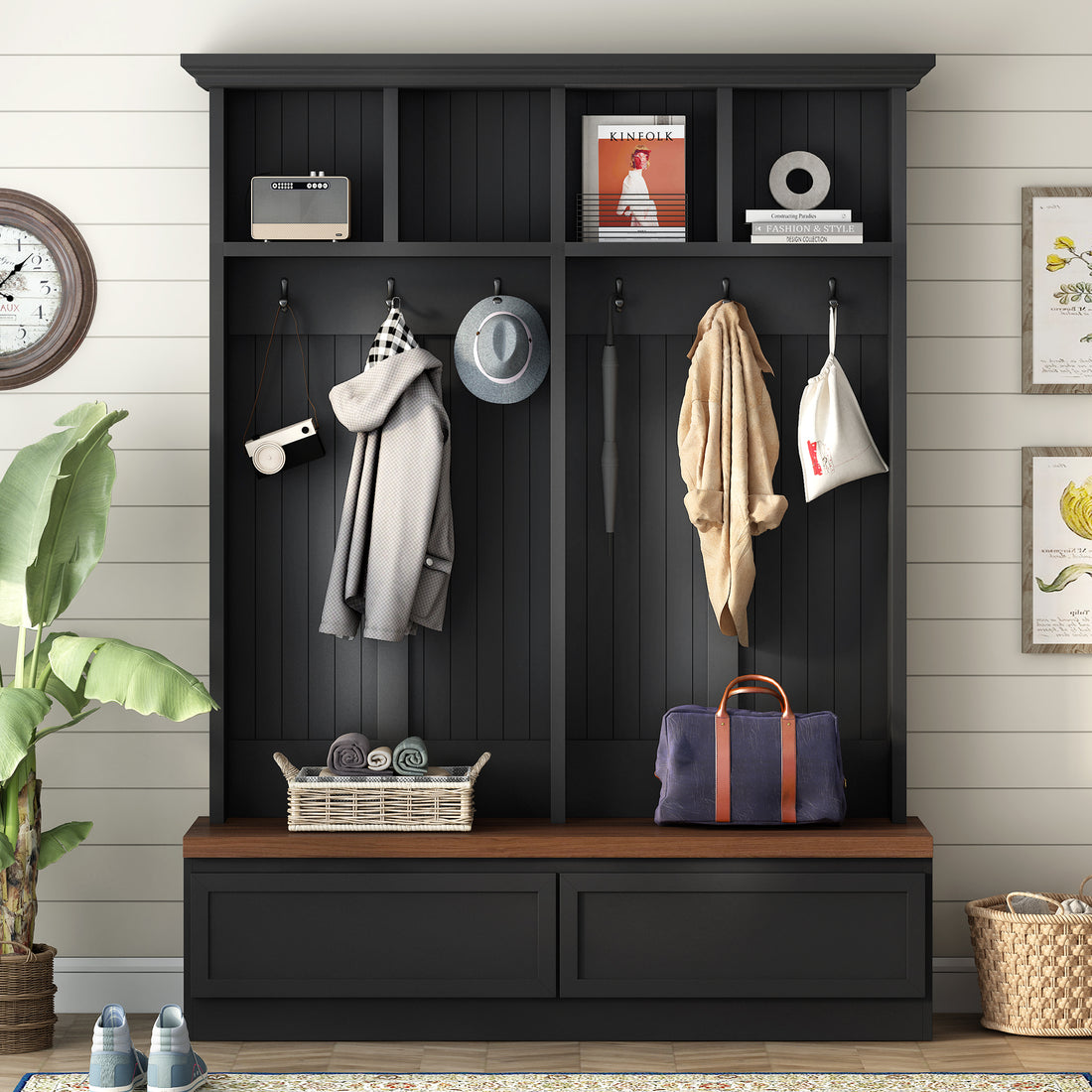 Farmhouse 4 In 1 Hall Tree With Wood Grain Bench, Mudroom Versatile Coat Rack With 2 Large Drawers, Large Entrance Organizer With 6 Black Hooks For Hallway, Living Room, Black, 55.9"Wx75.6"H Black