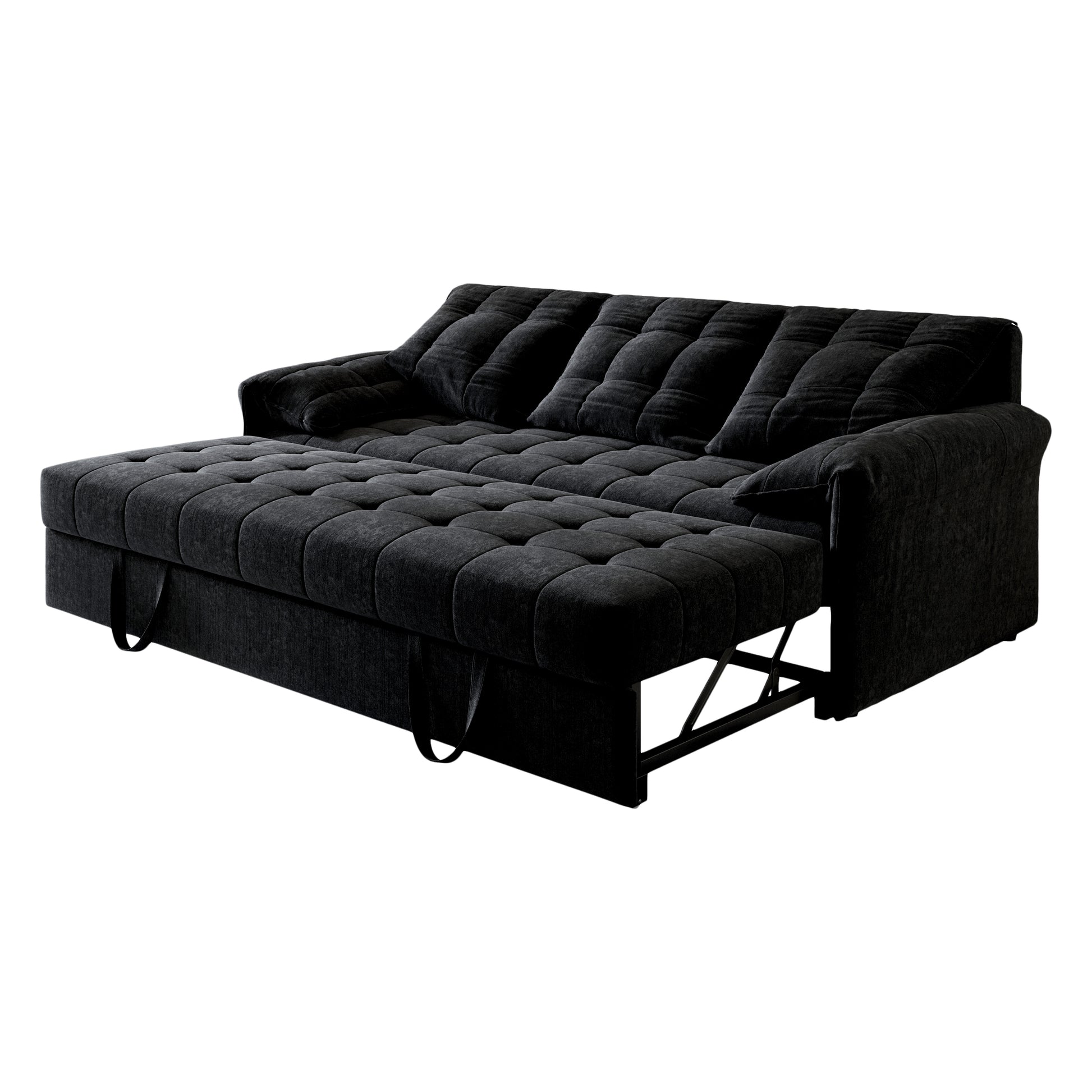 91 Inch Convertible Sofa Couch With Pull Out Couch Bed, Sleeper Sofa Bed For Living Room, Apartment, Chenille Fabric Color:Black Black Light Brown Chenille Wood Primary Living Space Cushion Back