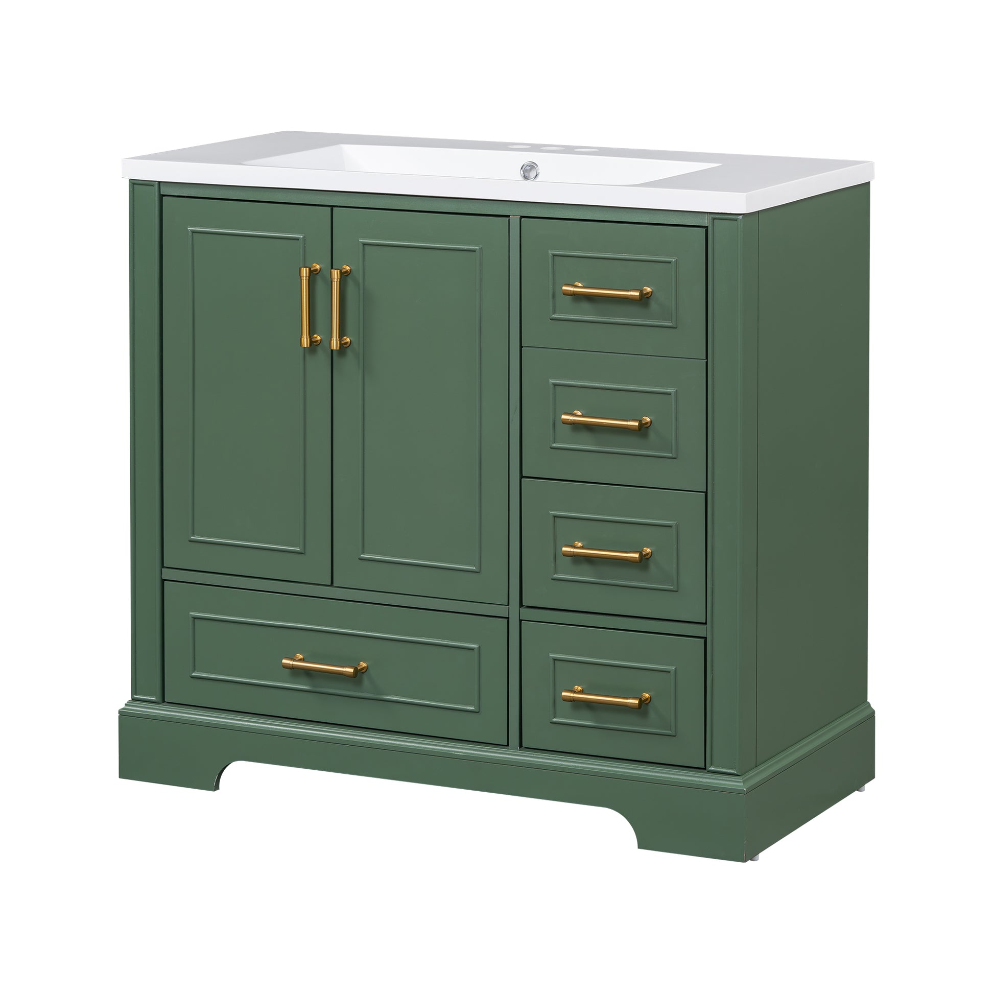 36 Inch Traditional Bathroom Vanity With Resin Sink Combo Set, Green Bathroom Cabinet With Two Doors And Four Drawers Green Bathroom Solid Wood Mdf Resin