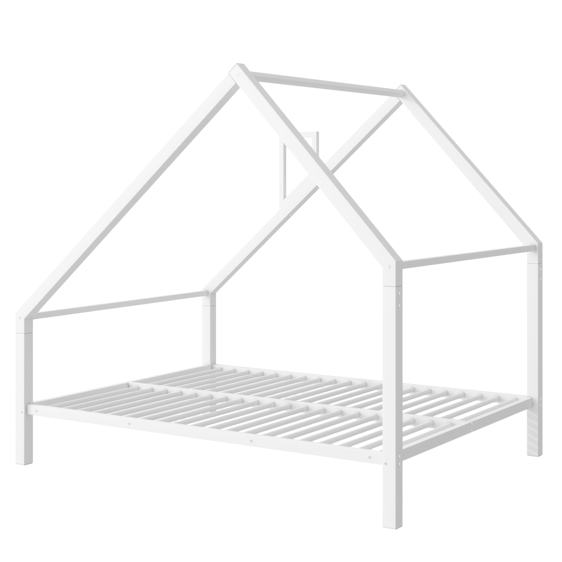 Full Size Metal House Platform Bed With Roof And Chimney, White Box Spring Not Required Full White Metal Bedroom Bed Frame Metal