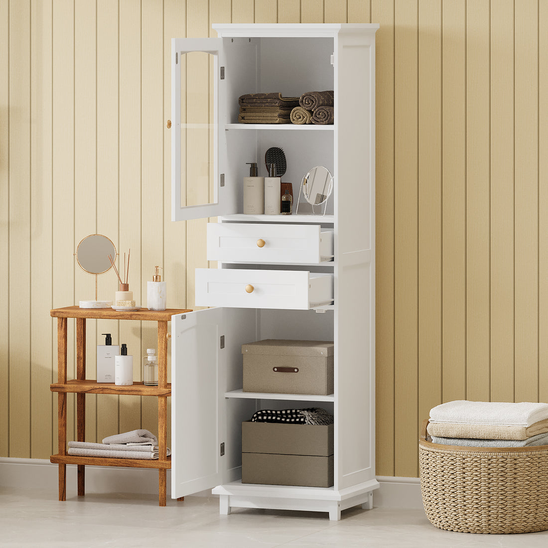 Tall Bathroom Storage Cabinet With Glass Doors, Free Standing, Two Drawers, And Adjustable Shelves, Mdf Board, Painted White Perfect For Displaying Your Favorite Items 2 White 2 4 Adjustable Shelves Bathroom Freestanding Partice Board Mdf Pine Wood