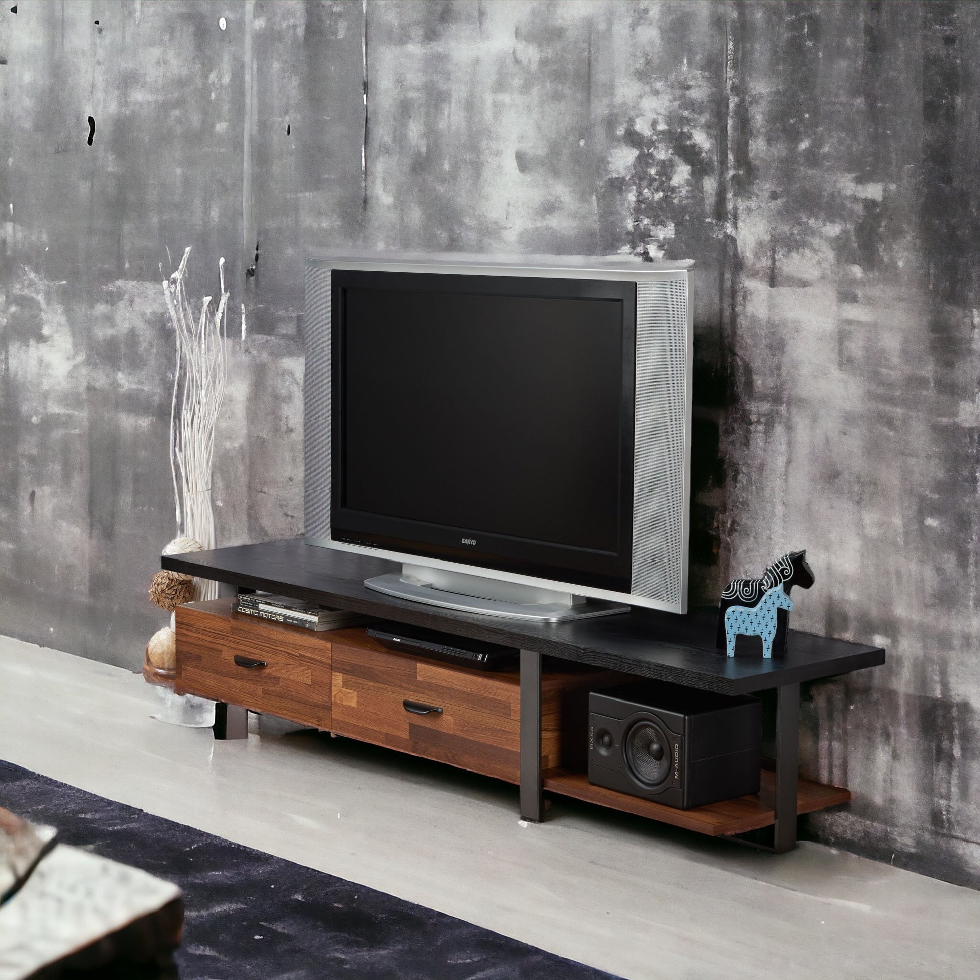 Elling Walnut & Black Finish Tv Stand Walnut Black 50 59 Inches Synthetic Wood