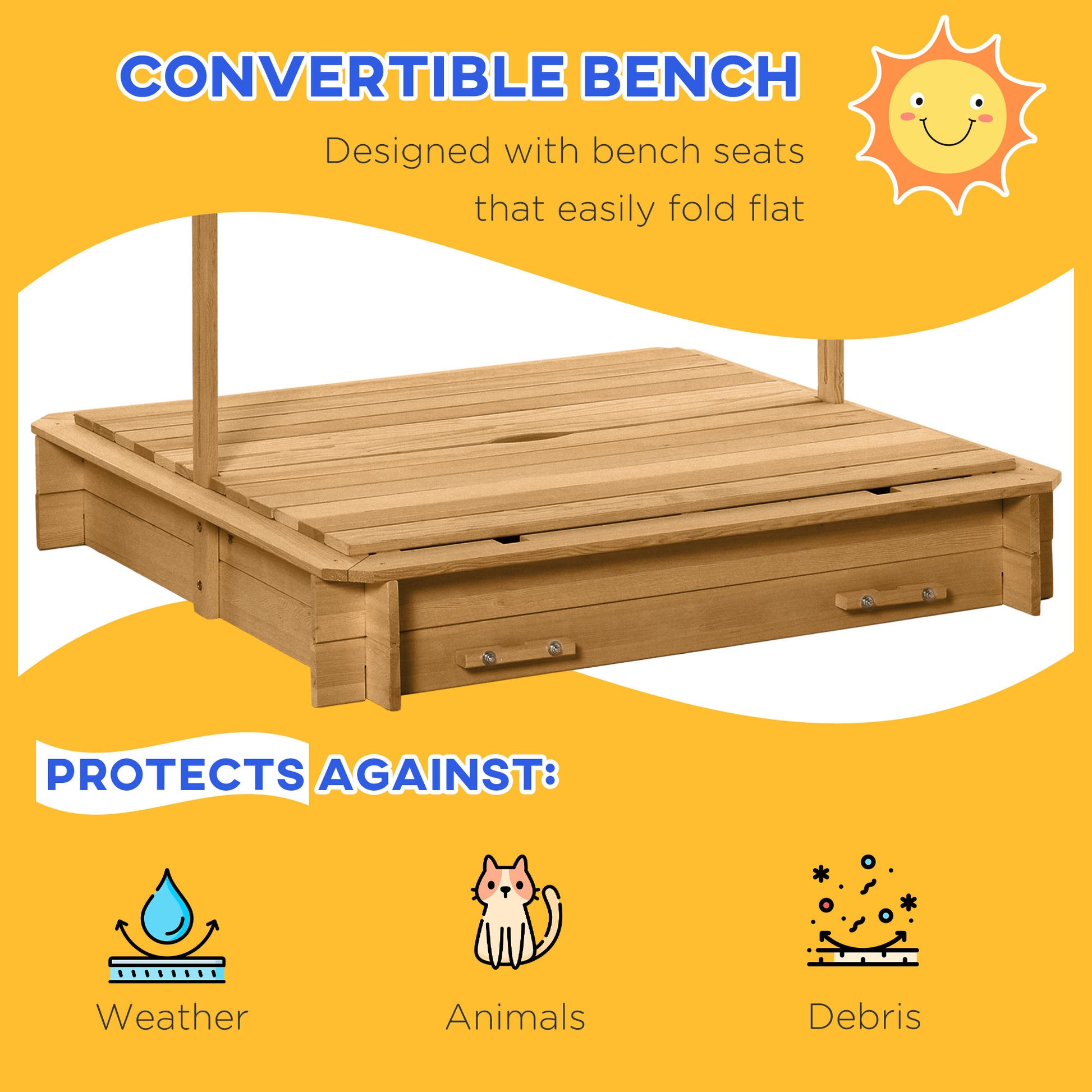 Outsunny Wooden Kids Sandbox With Cover, Children Outdoor Sand Box With Foldable Bench Seats, Adjustable Canopy, Bottom Liner For Outdoor, Brown Colorful Polyester