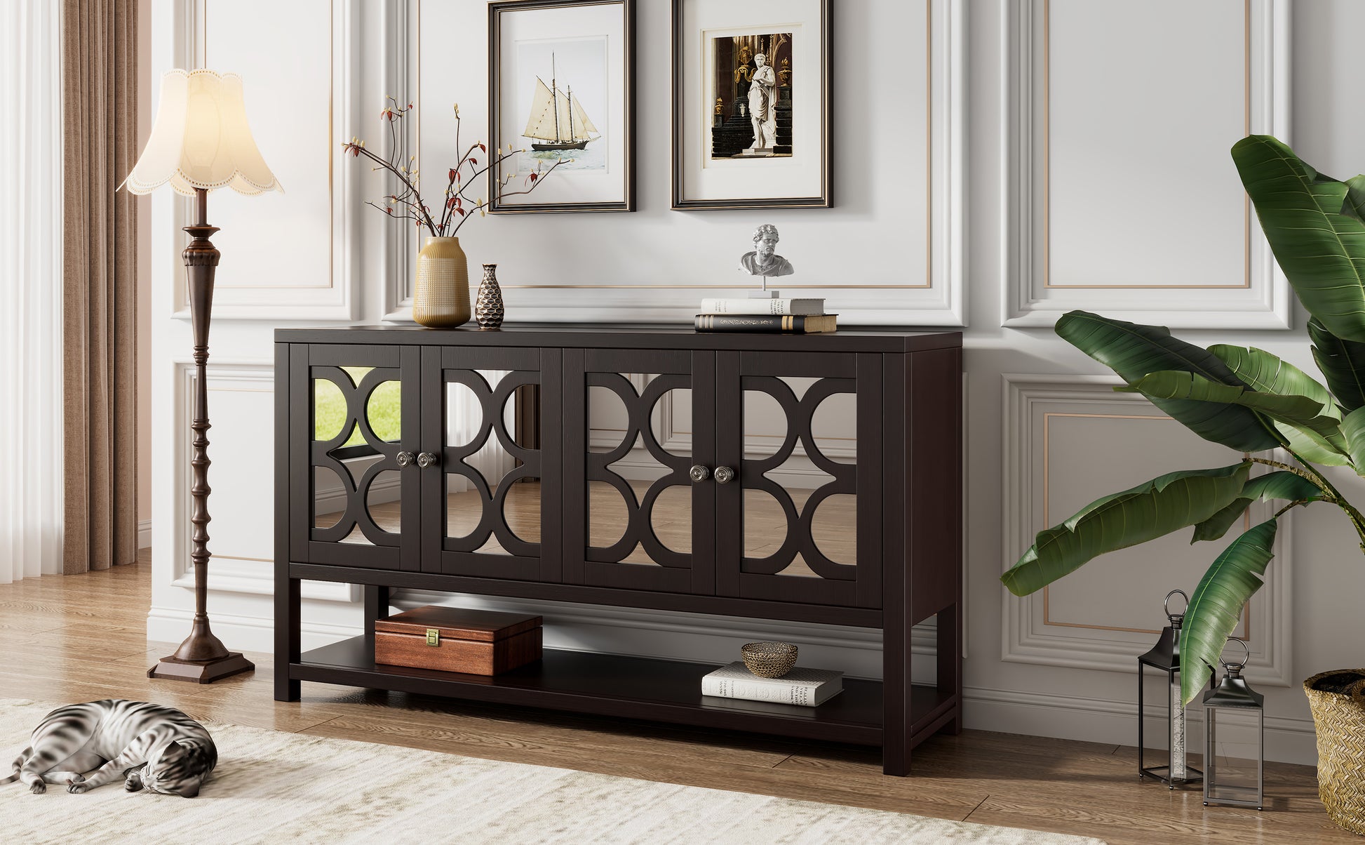 Elegant Retro Console Table Storage Cabinet Sideboard With Mirrored Doors, Spacious Shelves, And Durable Acacia Wood Legs Perfect For Living Room, Dining Room, Or Entryway Espresso Espresso Primary Living Space Solid Wood Mdf