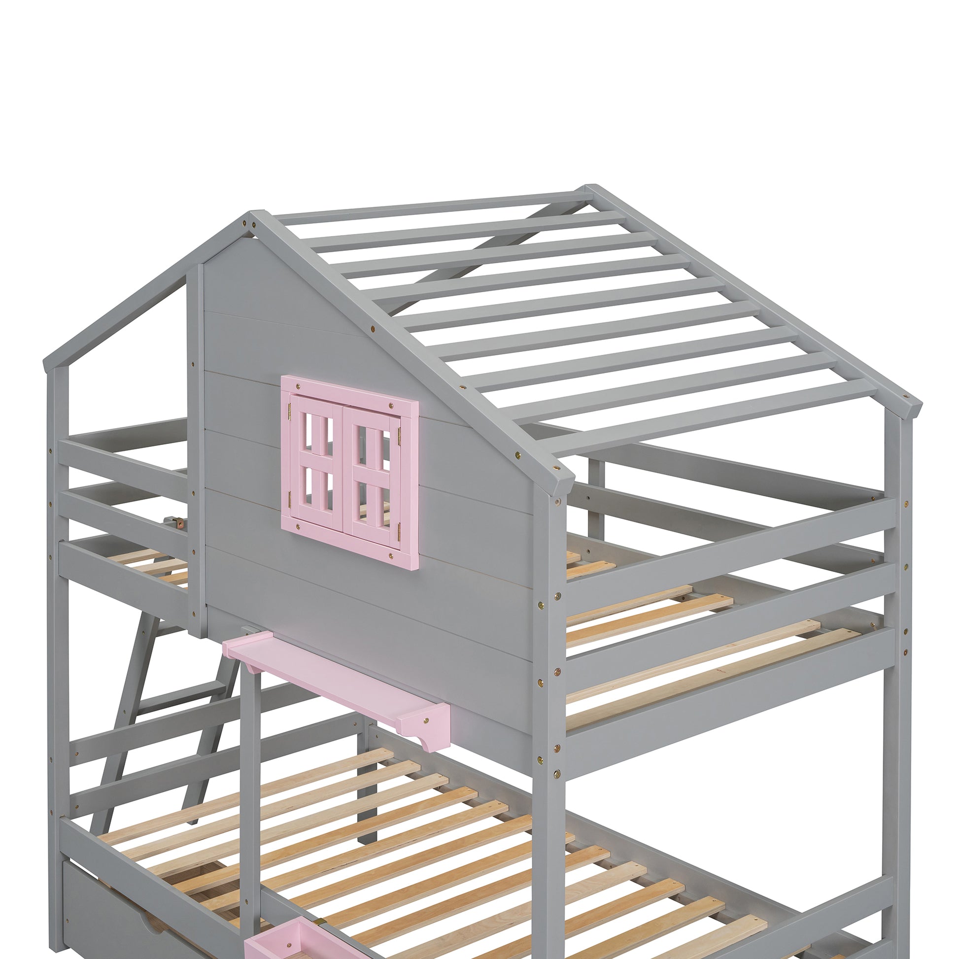 Twin Over Twin Bunk Bed With 2 Drawers, 1 Storage Box, 1 Shelf, Window And Roof Gray Old Sku:Lt001608Aae Twin Gray Solid Wood