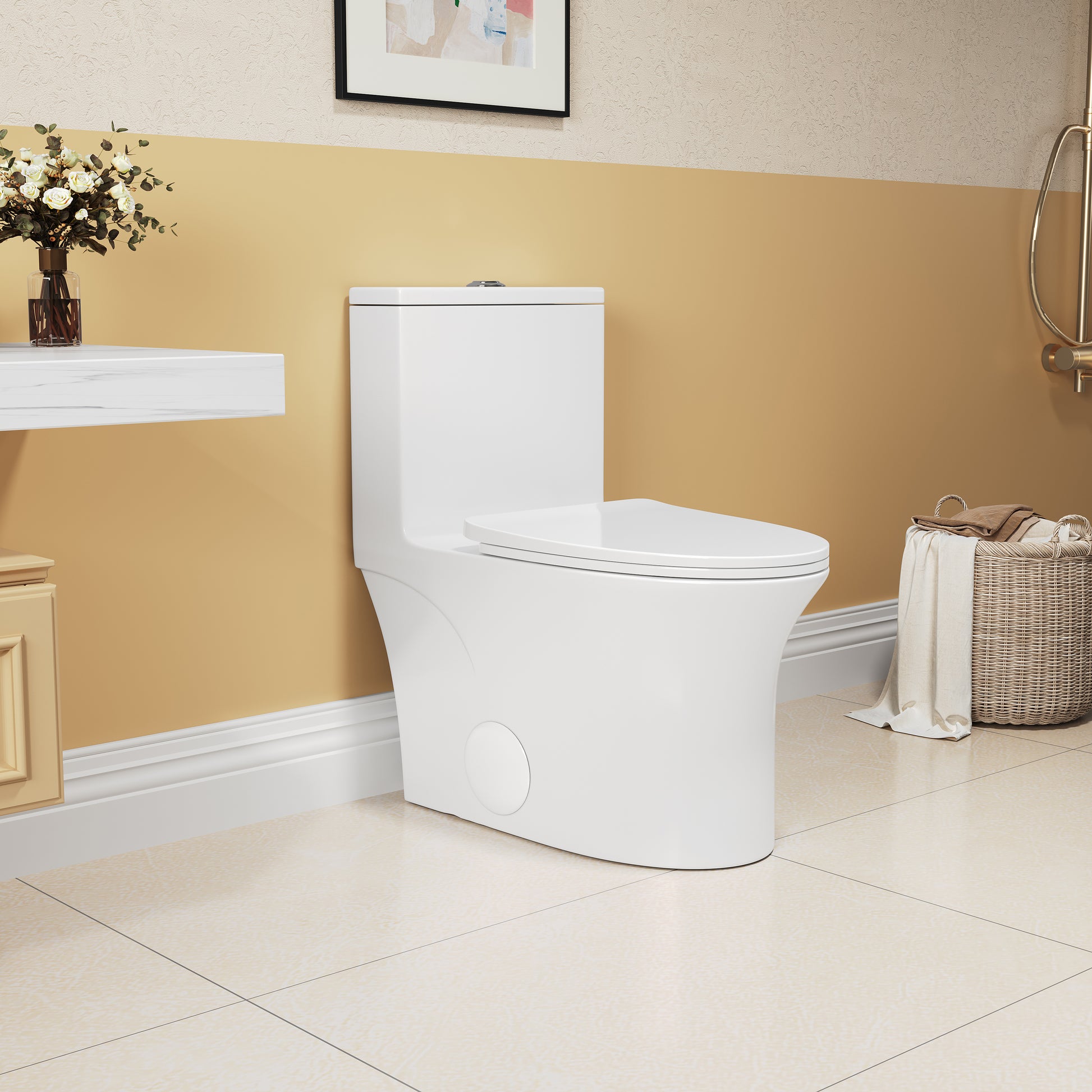 1.1 1.6 Gpf Elongated Comfort Height Floor Mounted One Piece Toilet, Cupc Certified, Watersense Cetified, Ceramic, White Color, Soft Close Seat White Ceramic