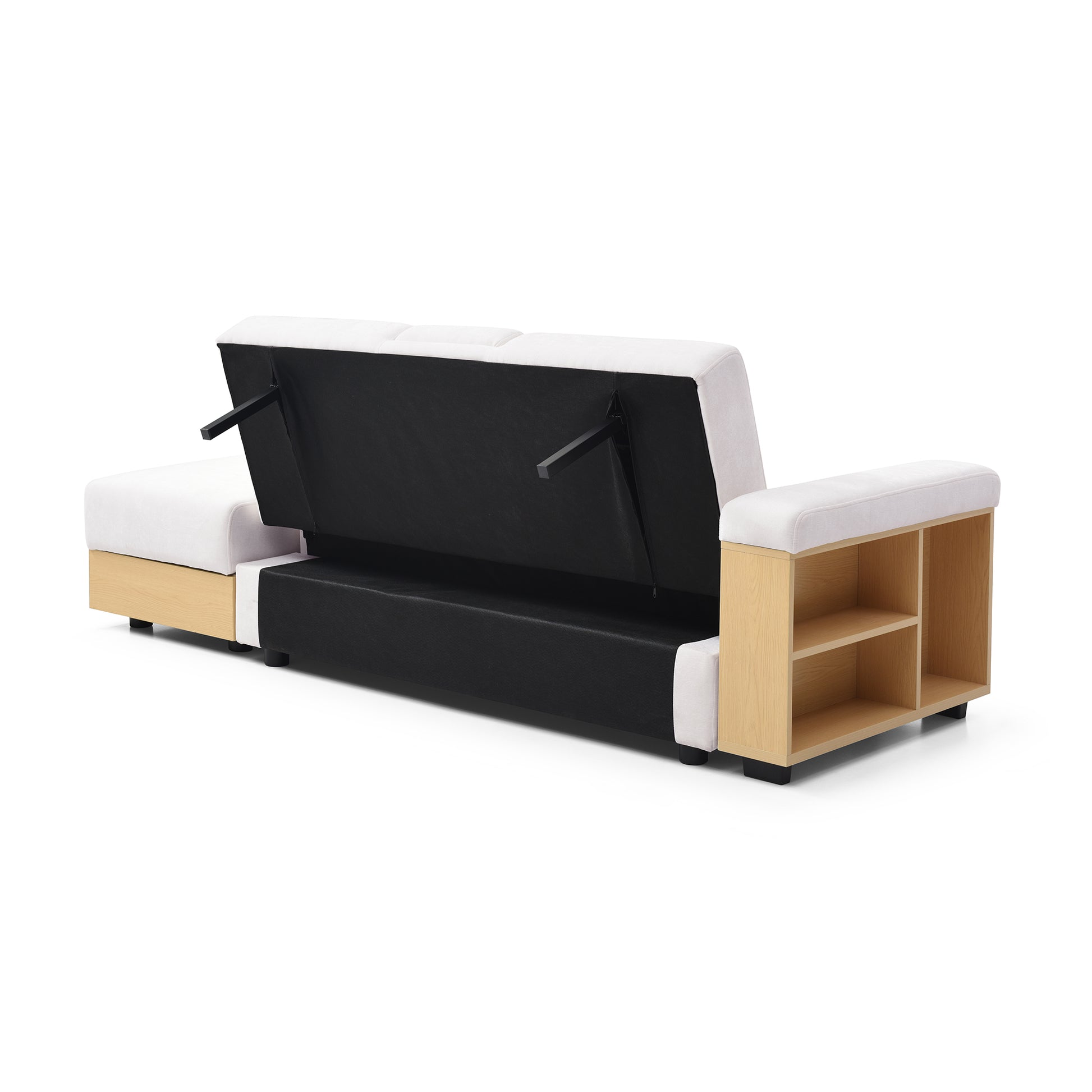 Convertible Sleeper Sofa Couch,Multifunctional Double Folding Sofa Bed,Storage Ottoman And Sofa Arm With Box And Drawer, Drop Down Table With 2Cup Holders For Living Room,Apartment,Office,Beige Beige Linen Wood Primary Living Space Modern Foam Cotton