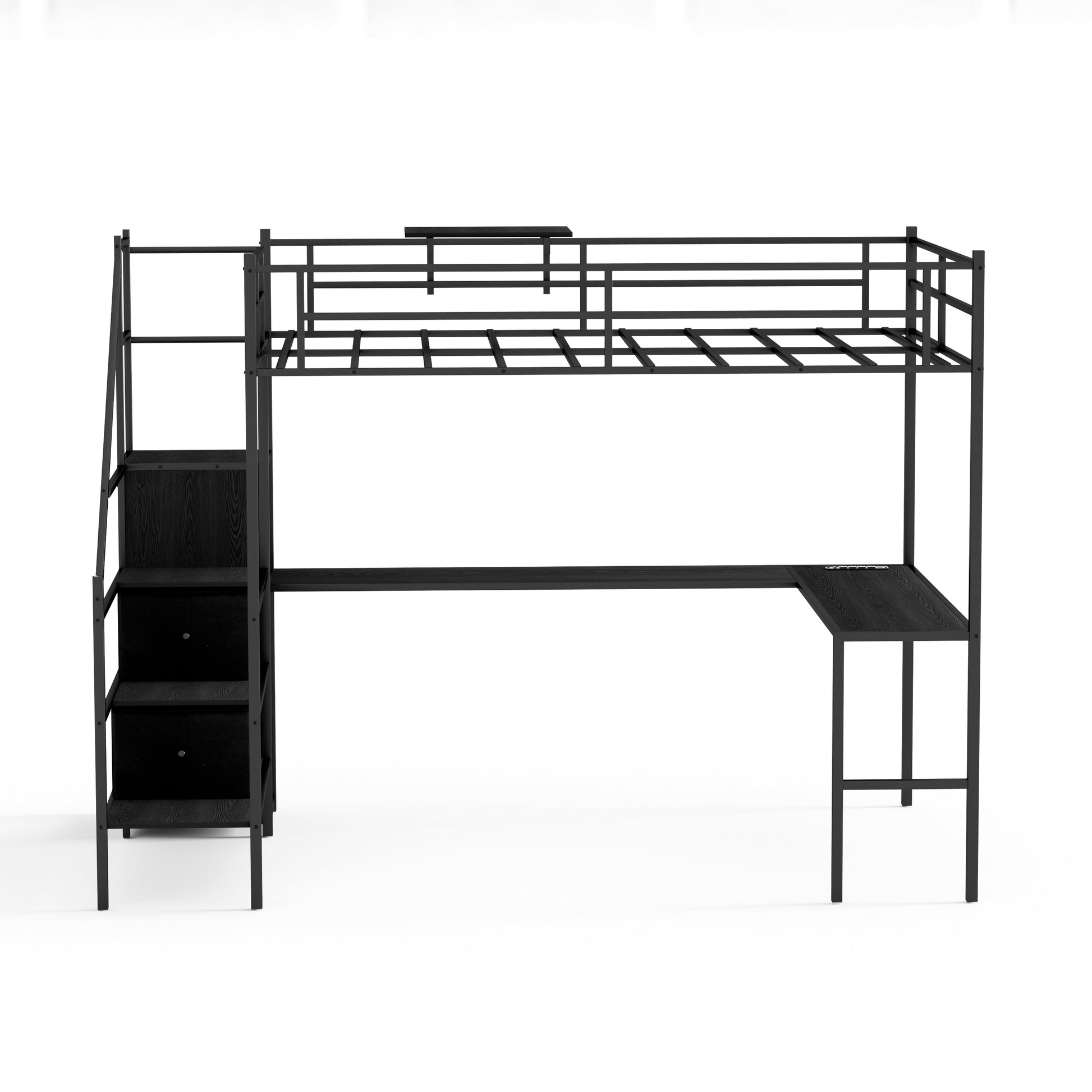 Full Size Metal Loft Bed With L Shaped Desk, Led Lights, Charging Cradle, Led Loft Bed Frame, Full Size Bed With One Cabinet Wardrobe And 2 Fabric Drawers, Safety Rails And Ladder, Black Black