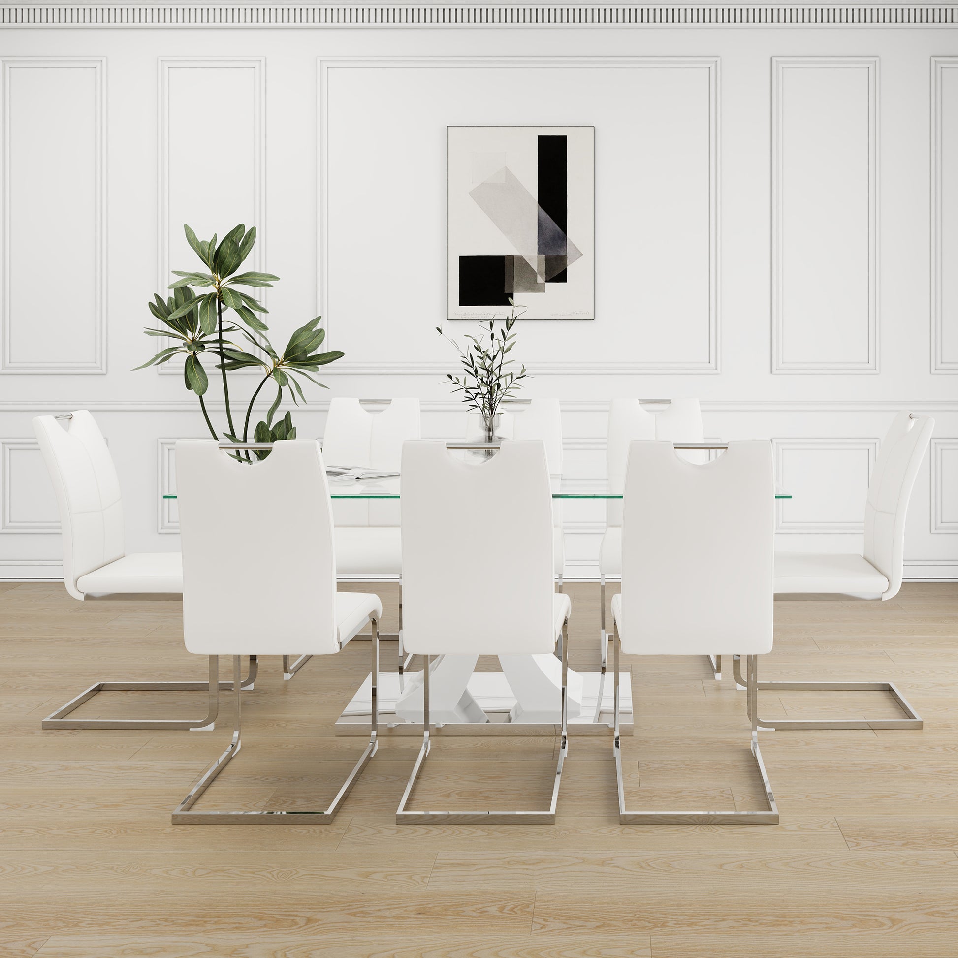 Modern Style Glass Table, Elegant Transparent Design, Durable Support Base, White Dining Chair Set, Electroplated Chair Legs, Suitable For Restaurant Kitchens Set Of 9 White Mdf Metal