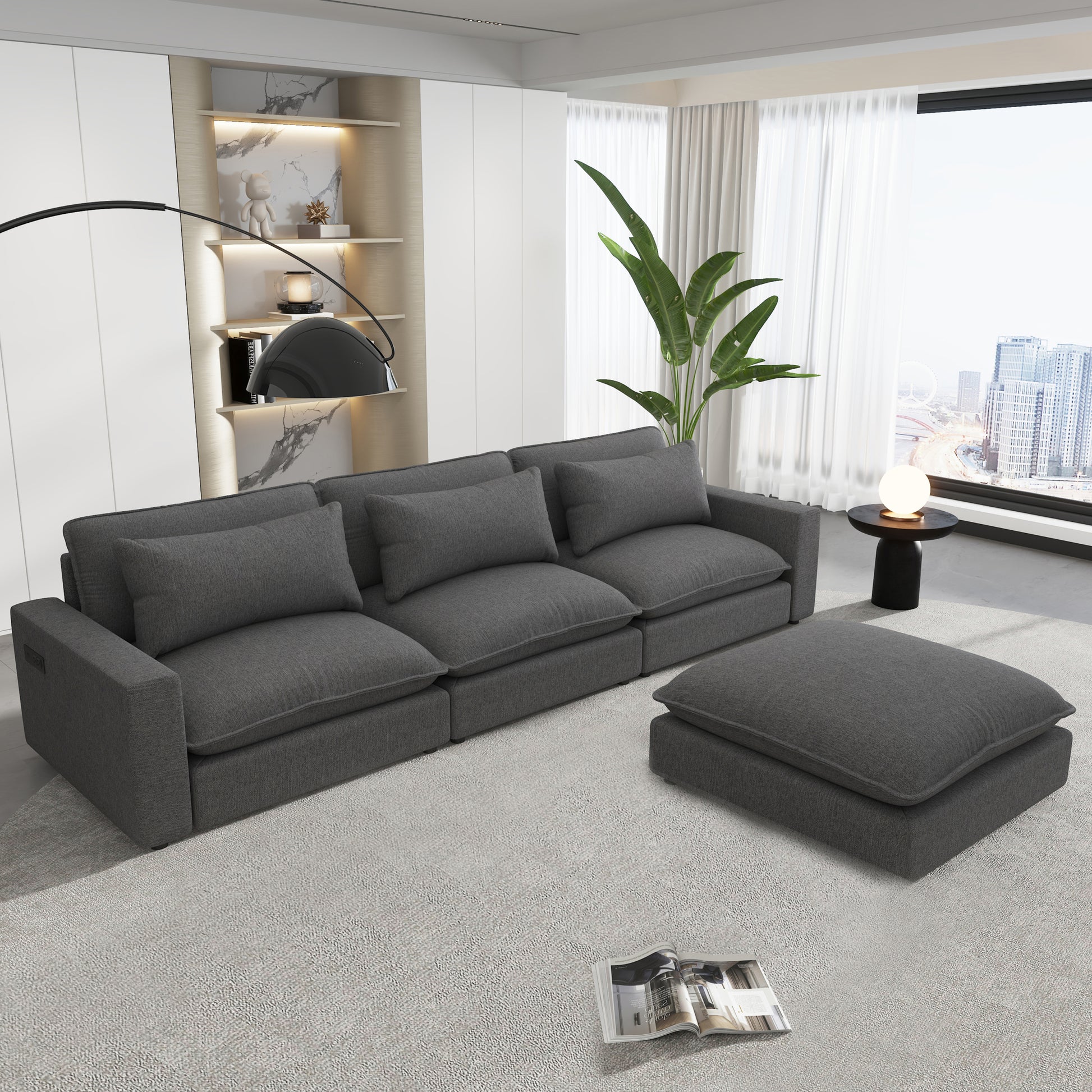 128" Sectional Sofa Cloud Sofa Chenille Upholstered Sofa Couch With Movable Ottoman, Comfortable Seat Cushions, Charging Ports And Three Back Pillows For Living Room, Grey Grey Foam Chenille 4 Seat