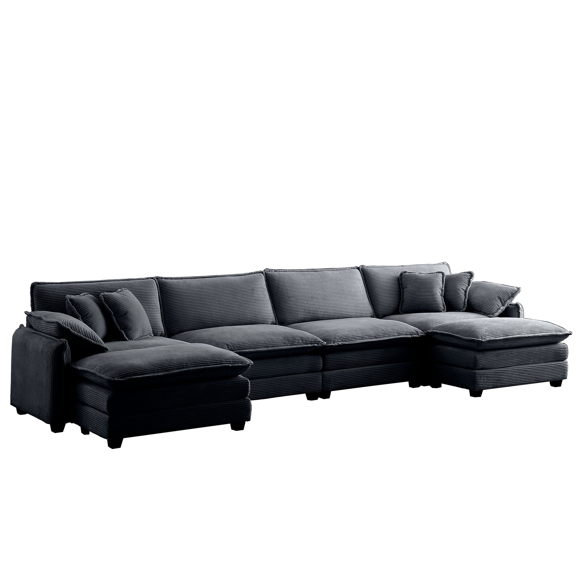 Over Size U Shape Corduroy Sofamodern Upholstered 4 Seater Sofa With 2 Ottomans, Premium Soft Corduroy Fabric Sofa Grey Corduroy 4 Seat