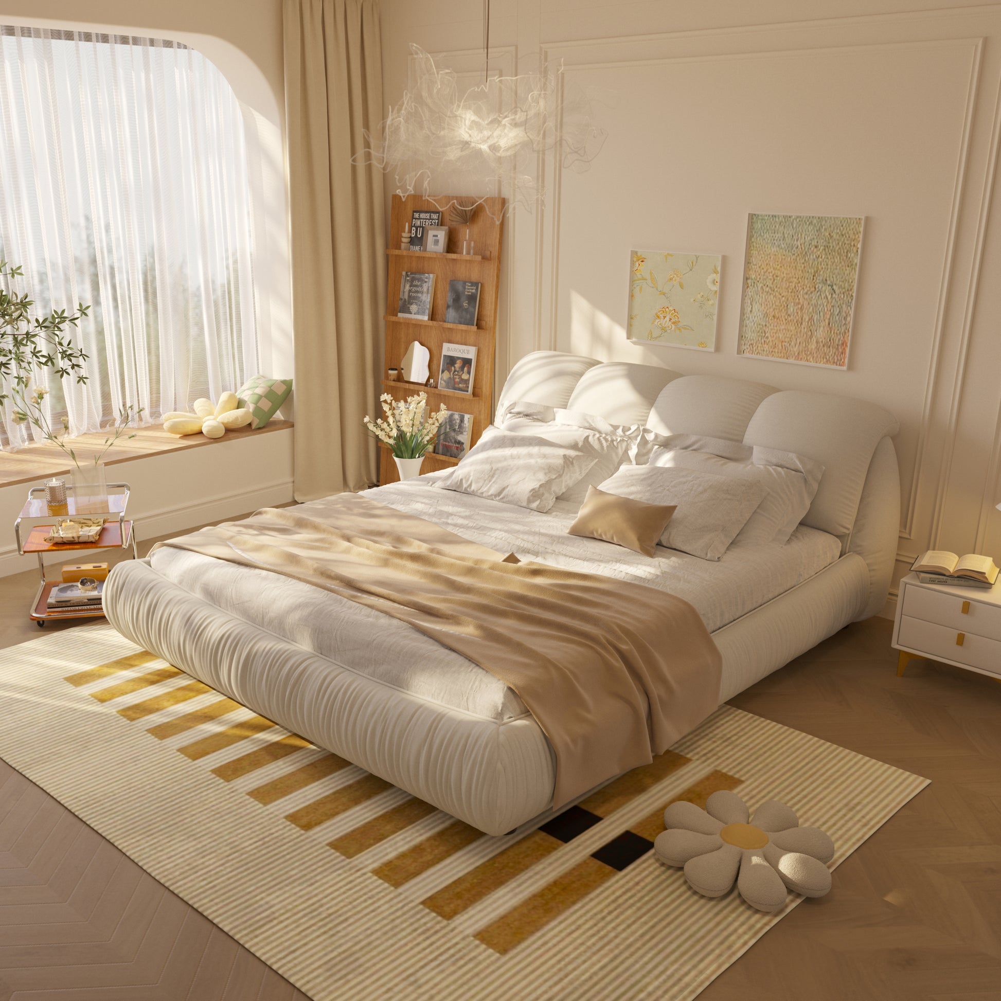 King Size Luxury Upholstered Platform Bed With Oversized Padded Backrest And Solid Wood Frame,Suitable For Multiple Heights Of Mattresses,Beige Old Sku:W1885S00015 Box Spring Not Required King Beige Wood Pine Solid Wood