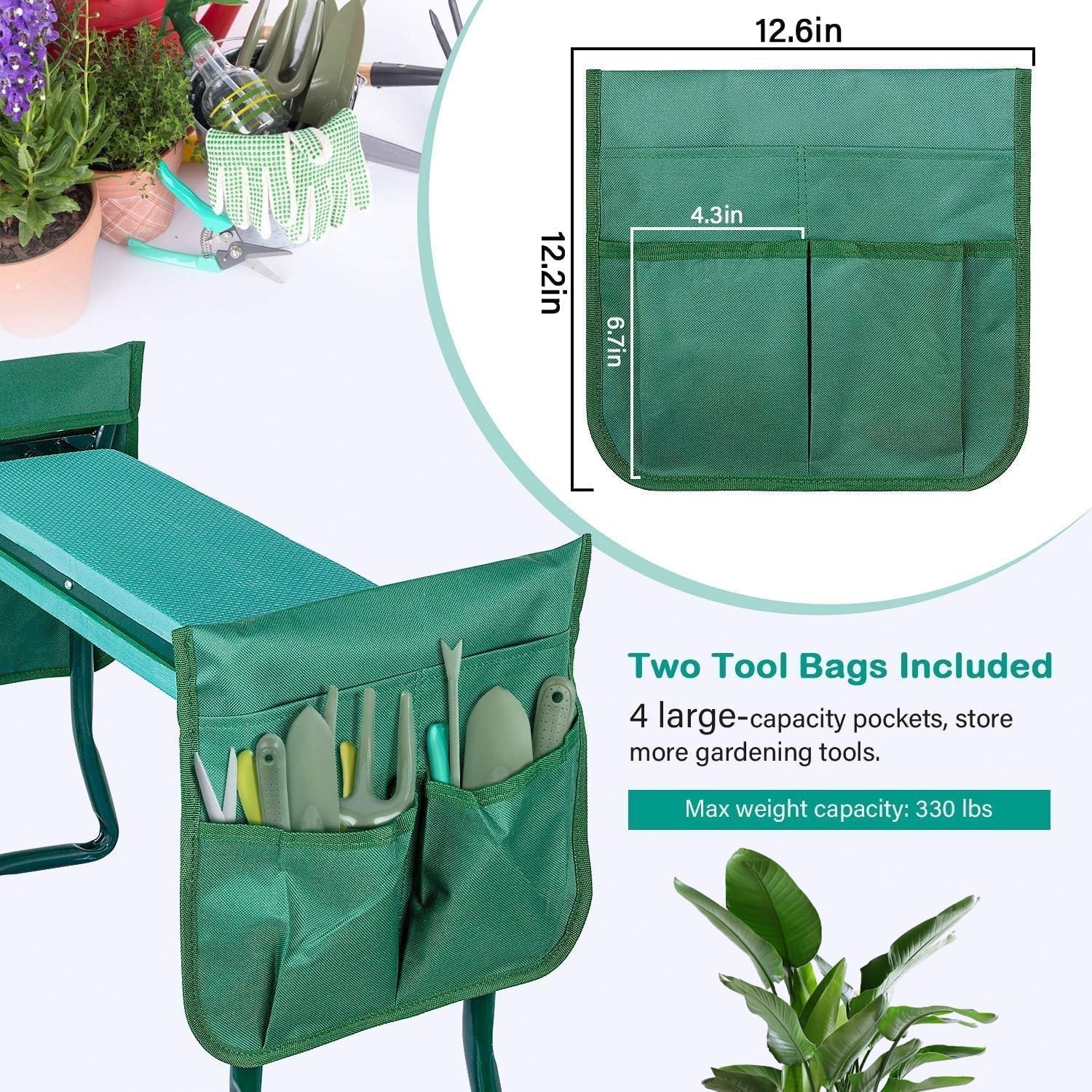 Garden Kneeler And Seat, Foldable Kneeling Bench With Sturdy Soft Eva Foam Pad, For Camping, Gardening, Fishing, 2 Tool Pouches Included, Green Green Metal