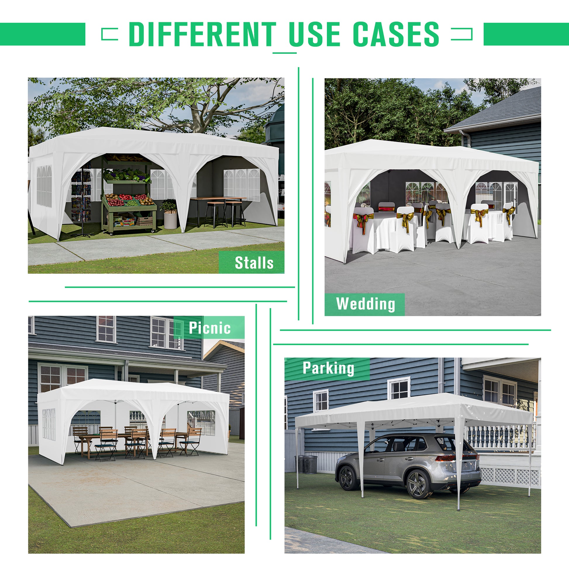 10'X20' Pop Up Canopy Tent With 6 Sidewalls, Ez Pop Up Outdoor Canopy For Parties, Waterproof Commercial Tent With 3 Adjustable Heights, Carry Bag, 6 Sand Bags, 6 Ropes And 12 Stakes, White White Metal