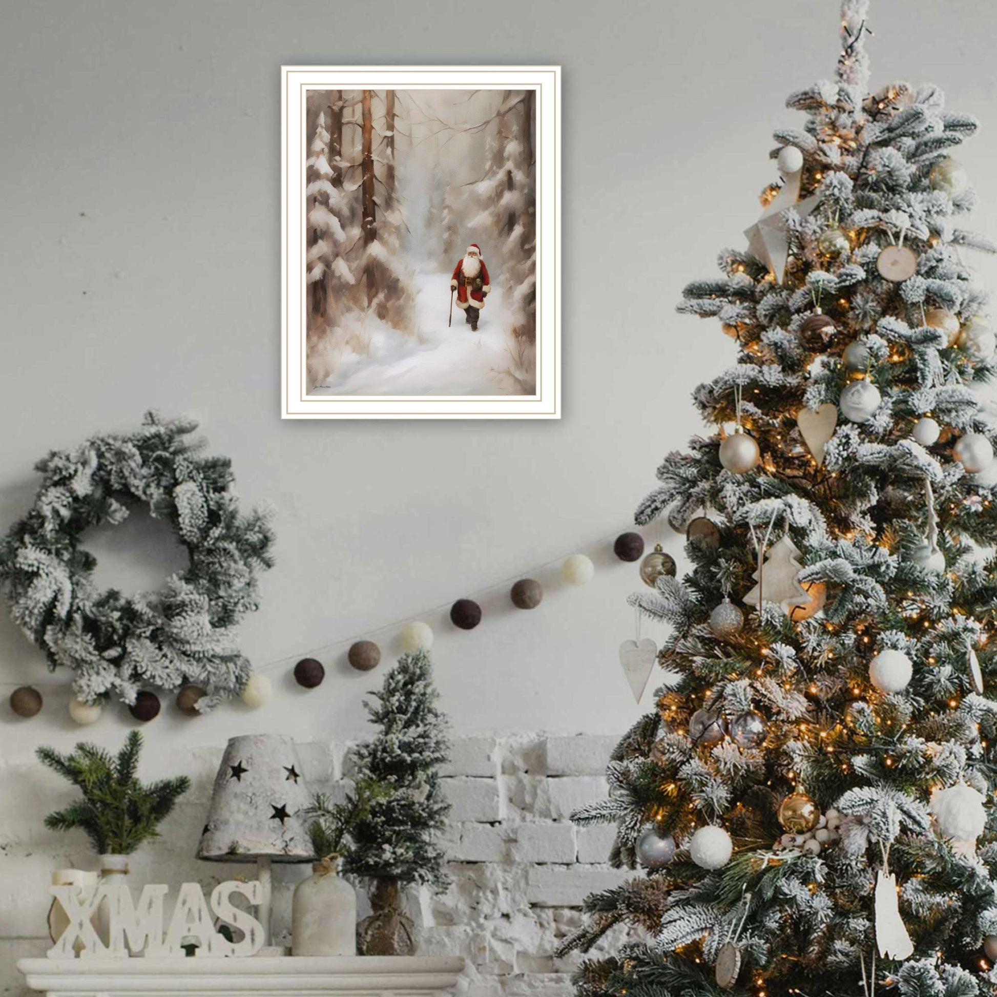 Santa'S Winter Stroll White Framed Wall Art For Living Room, Holiday Wall Art Print For Home Decor, Bedroom Wall Art By Jo Moulton Multicolor Wood Paper
