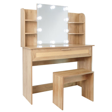 Vanity Desk Set Stool & Dressing Table With Led Lighting Mirror Drawer And Compartments Modern Wood Cosmetic Table Chest Of Drawers Nature Color Natural Wood Particle Board