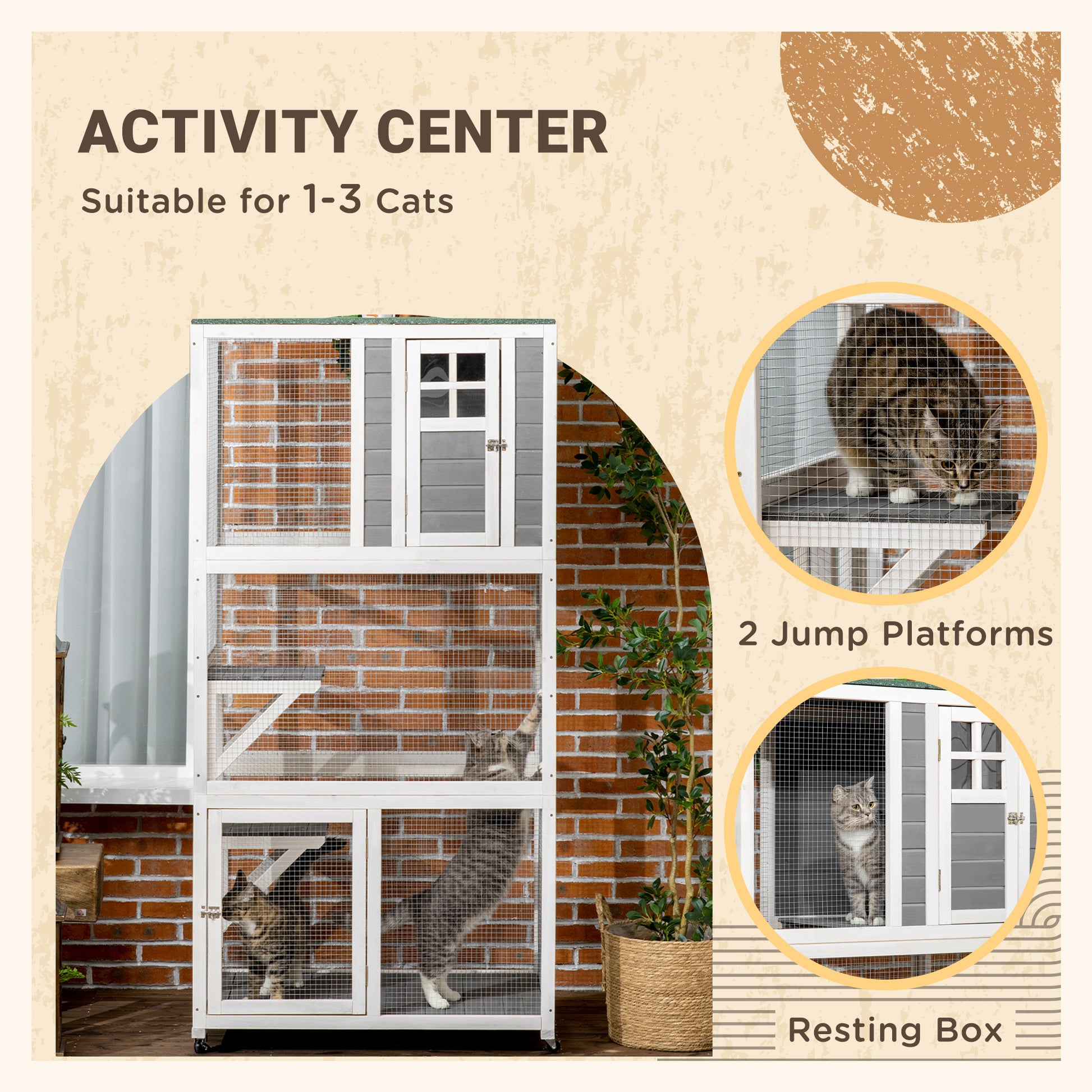 Pawhut 74" Wooden Outdoor Cat House Weatherproof & Wheeled, Catio Outdoor Cat Enclosure With High Weight Capacity, Kitten Cage Condo, Gray Gray Wood