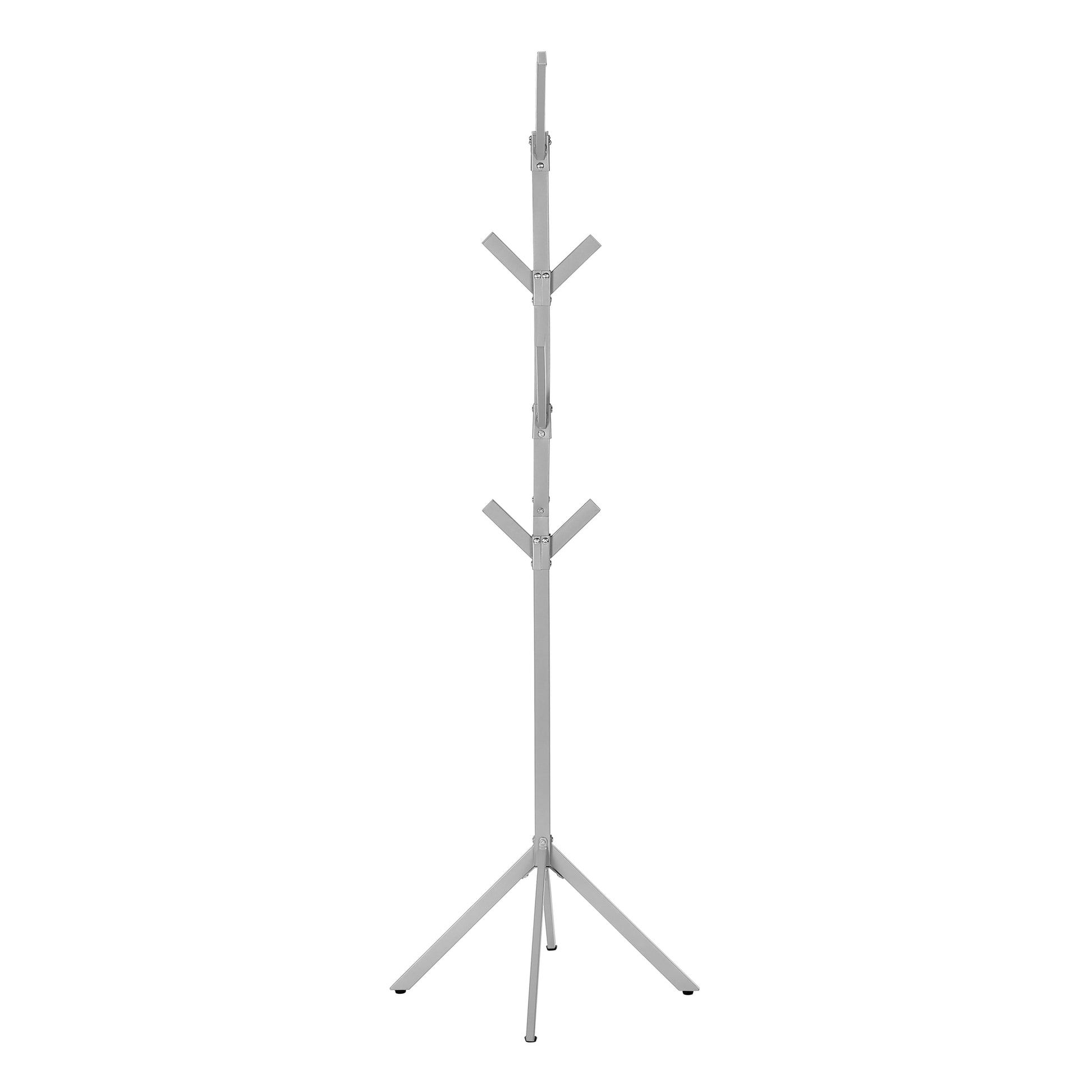 Coat Rack, Hall Tree, Free Standing, 8 Hooks, Entryway, 70"H, Bedroom, Grey Metal, Contemporary, Modern Silver Metal