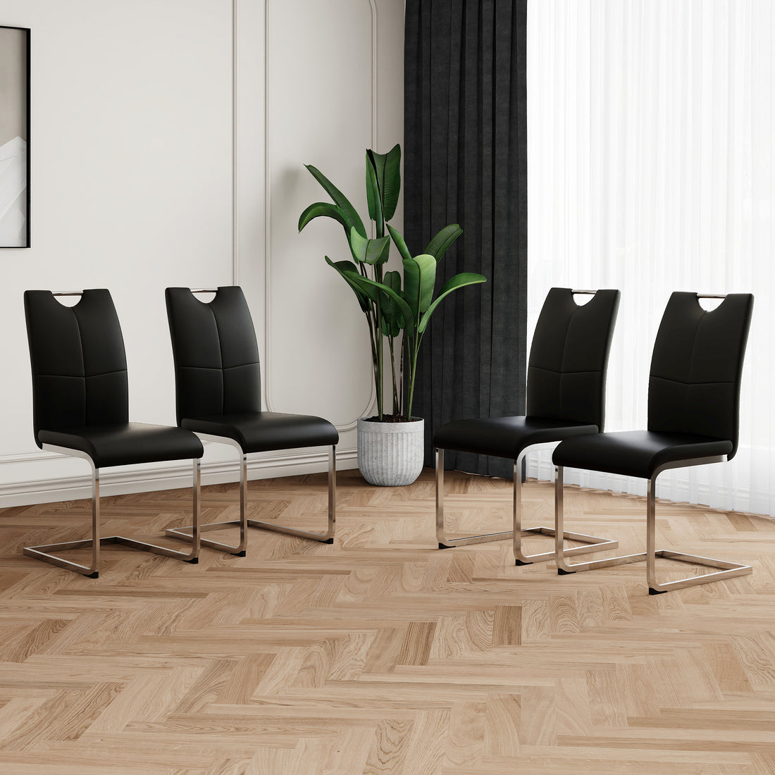 Modern Dining Chairs With Faux Leather Padded Seat Dining Living Room Chairs Upholstered Chair With Chrome Metal Legs Design For Kitchen, Living, Bedroom, Dining Room Side Chairs Set Of 4 Black Silver Metal