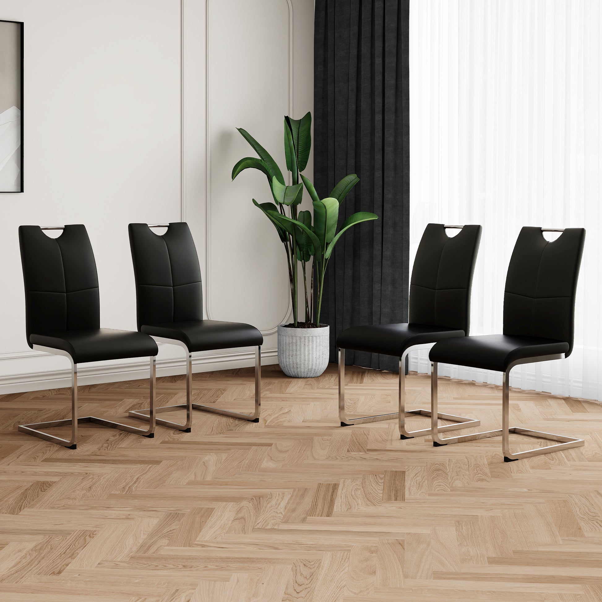 Modern Dining Chairs With Faux Leather Padded Seat Dining Living Room Chairs Upholstered Chair With Chrome Metal Legs Design For Kitchen, Living, Bedroom, Dining Room Side Chairs Set Of 4 Black Silver Metal