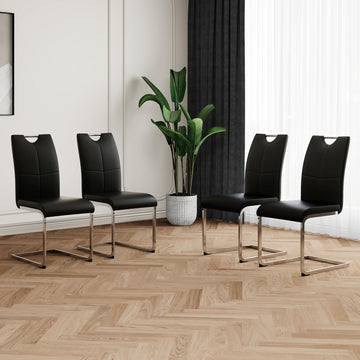 Modern Dining Chairs With Faux Leather Padded Seat Dining Living Room Chairs Upholstered Chair With Chrome Metal Legs Design For Kitchen, Living, Bedroom, Dining Room Side Chairs Set Of 4 Black Silver Metal