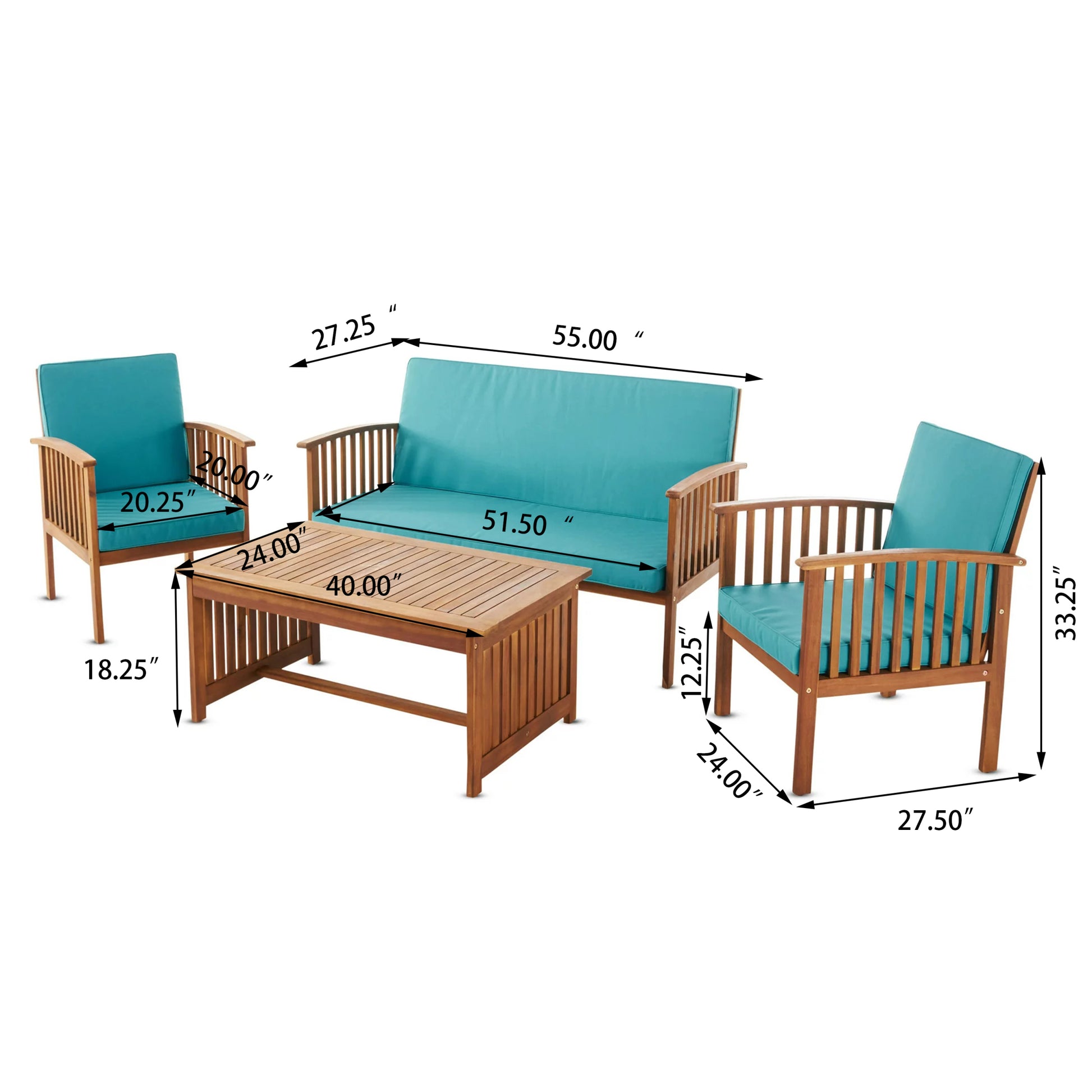 Outdoor Acacia Wood Sofa Set With Water Resistant Cushions, 4 Pcs Set, Brown Patina Teal Brown Teal Acacia Wood