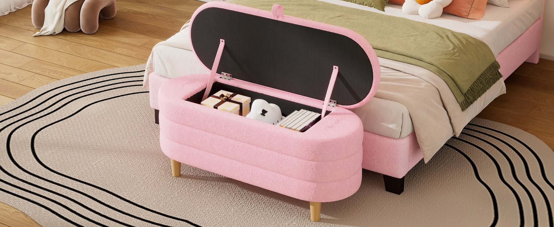 Elegant Upholstered Sherpa Fabric Storage Ottoman With Wood Legs, Storage Bench For Bedroom, Living Room, Pink Pink Wood