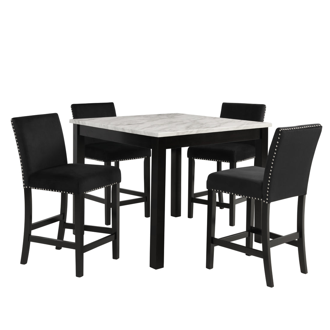 5Pc Counter Height Dining Set Square White Faux Marble Table Black Velvet Upholstered Tufted Nail Head Chairs Wooden Leg Dining Room Furniture Black Wood Faux Marble Black,White Seats 4 Wood Dining