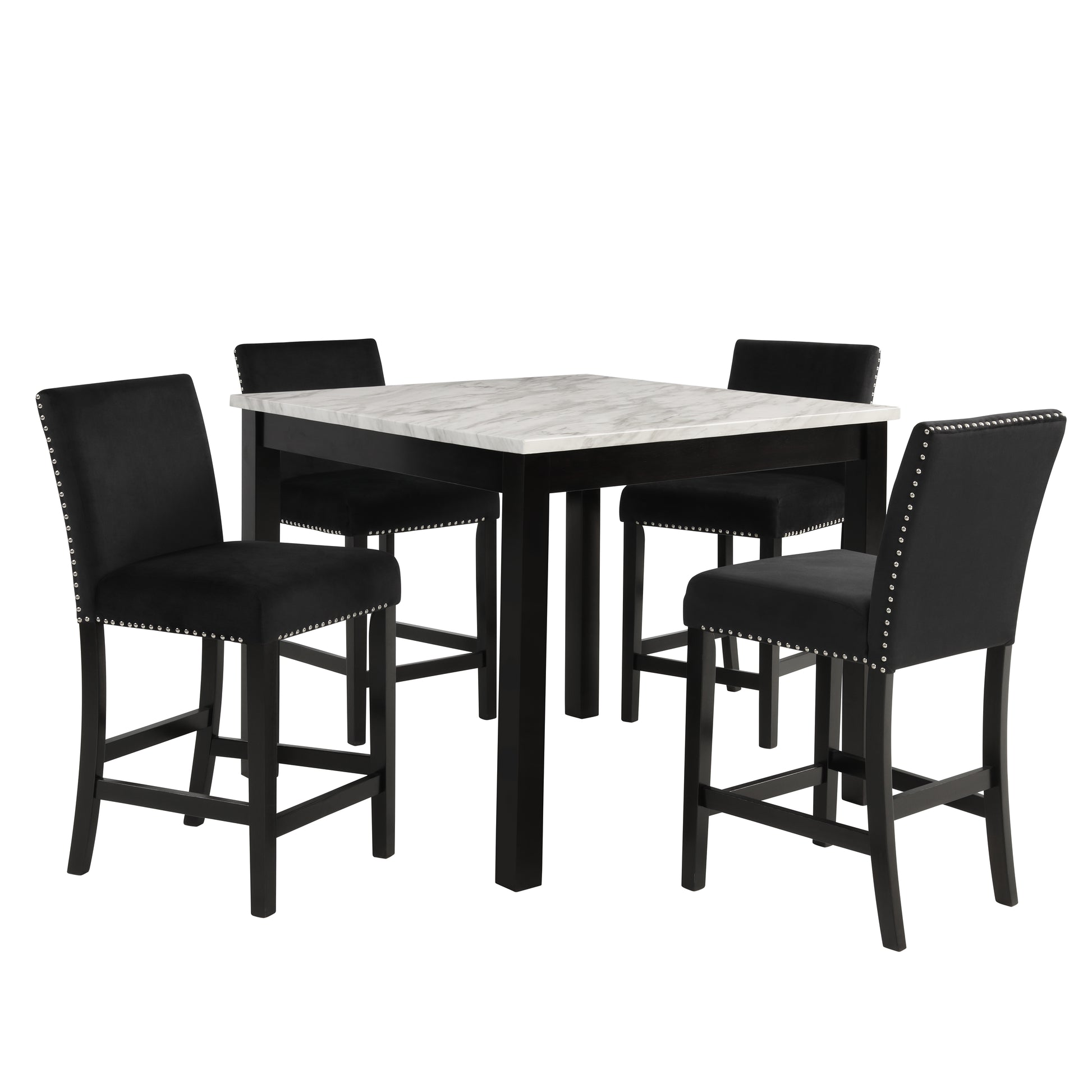 5Pc Counter Height Dining Set Square White Faux Marble Table Black Velvet Upholstered Tufted Nail Head Chairs Wooden Leg Dining Room Furniture Black Wood Faux Marble Black,White Seats 4 Wood Dining