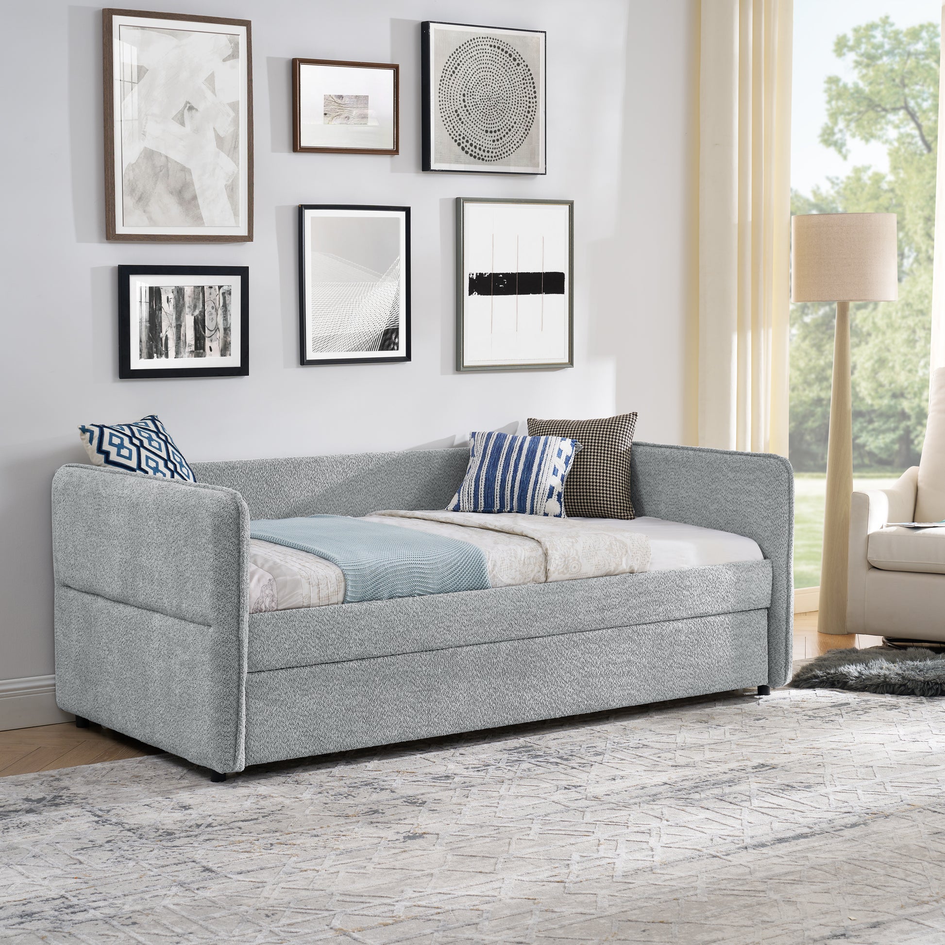 Daybed With Trundle Upholstered Tufted Sofa Bed, Twin Size, Boucle Fabric, Grey 83"X43"X29.5" Grey Boucle