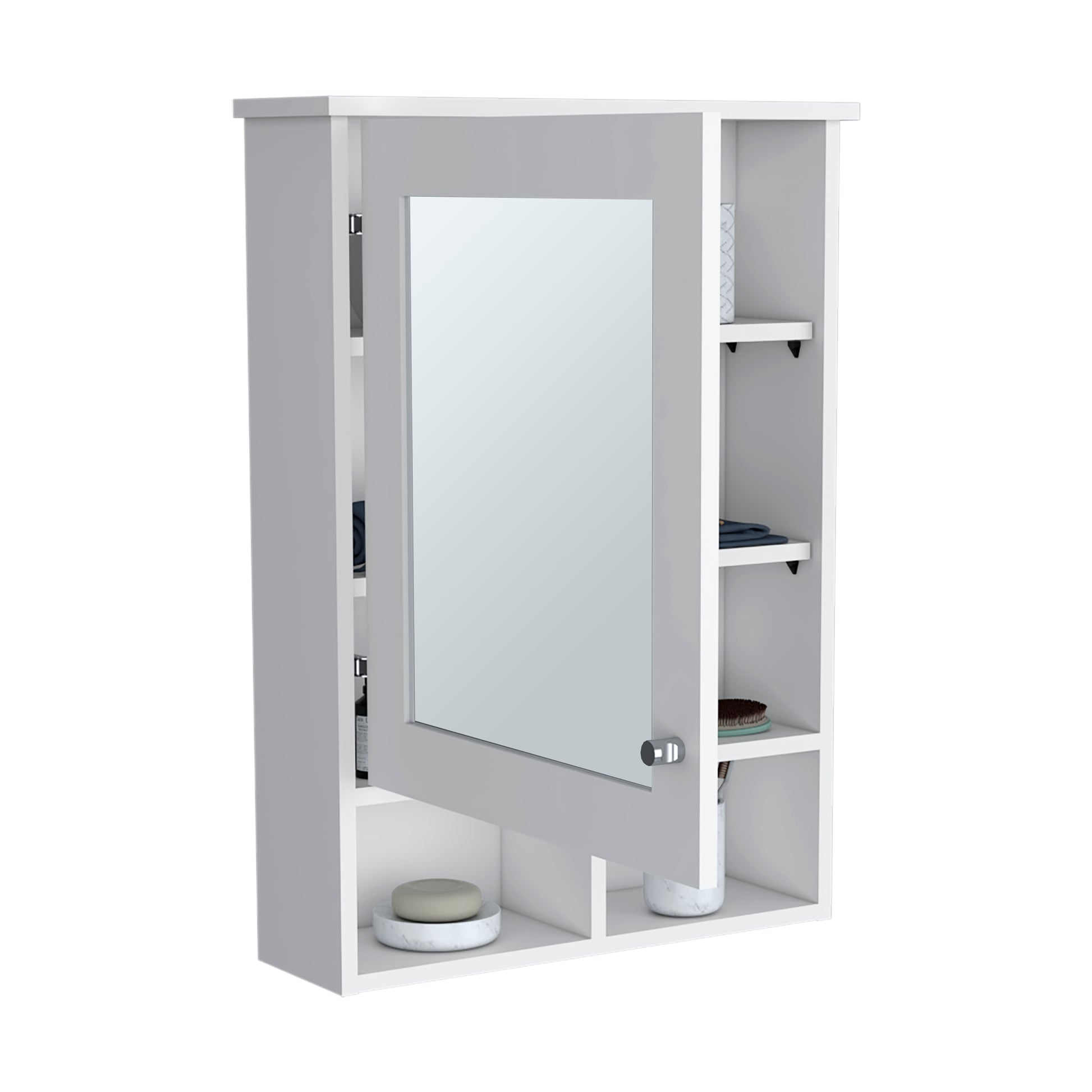 Vina Medicine Cabinet With Mirror Door 29" High Cabinet Organizer With Three Concealed Shelves And Two Open Shelves For Bathroom, Kitchen, Mudroom White 1 5 Bathroom Wall Mounted Modern Particle