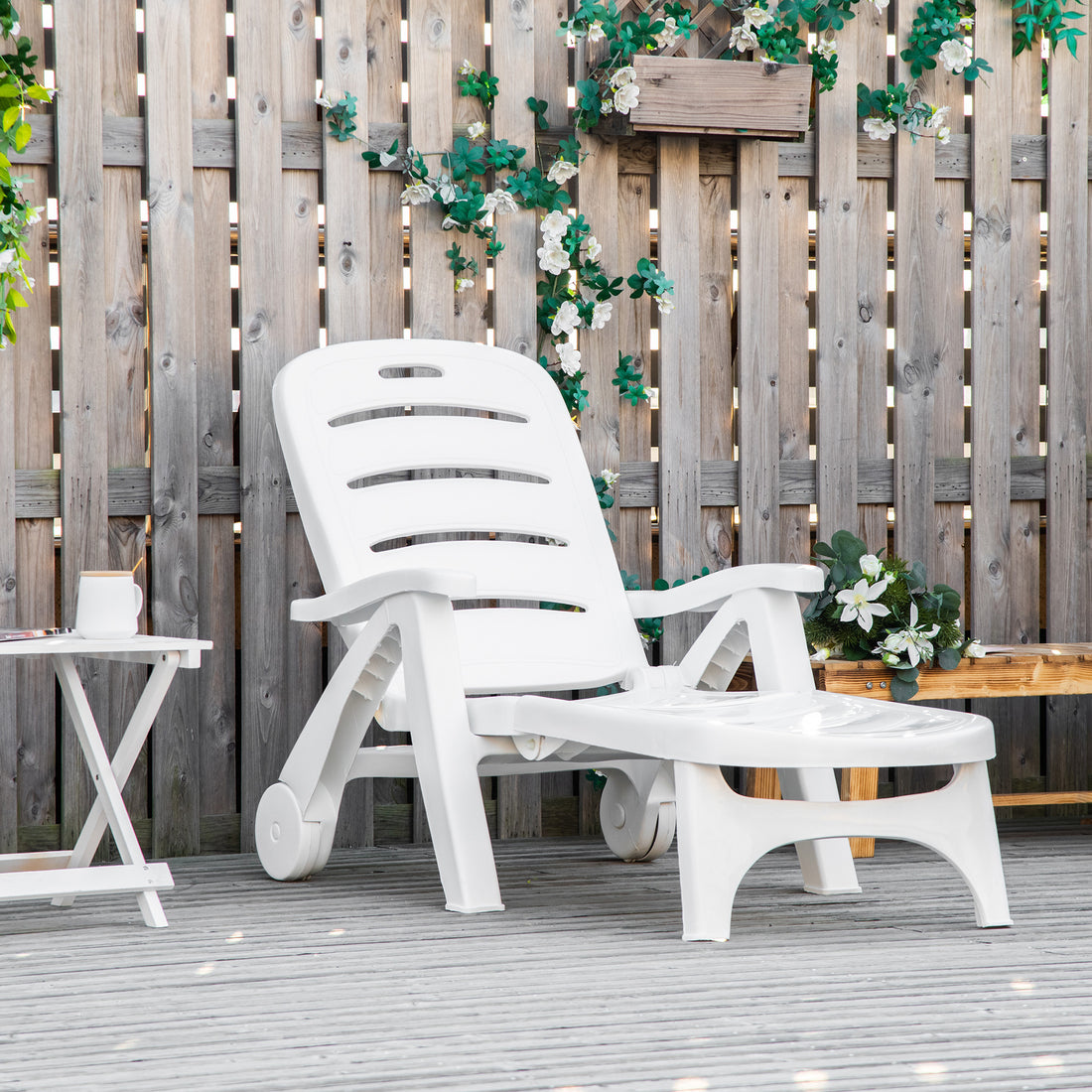 Outsunny Outdoor Chaise Lounge, 5 Level Adjustable Backrest Lounge Chair With Wheels, Folding Tanning Chair For Pool, Beach, Patio, Garden, White White Polypropylene