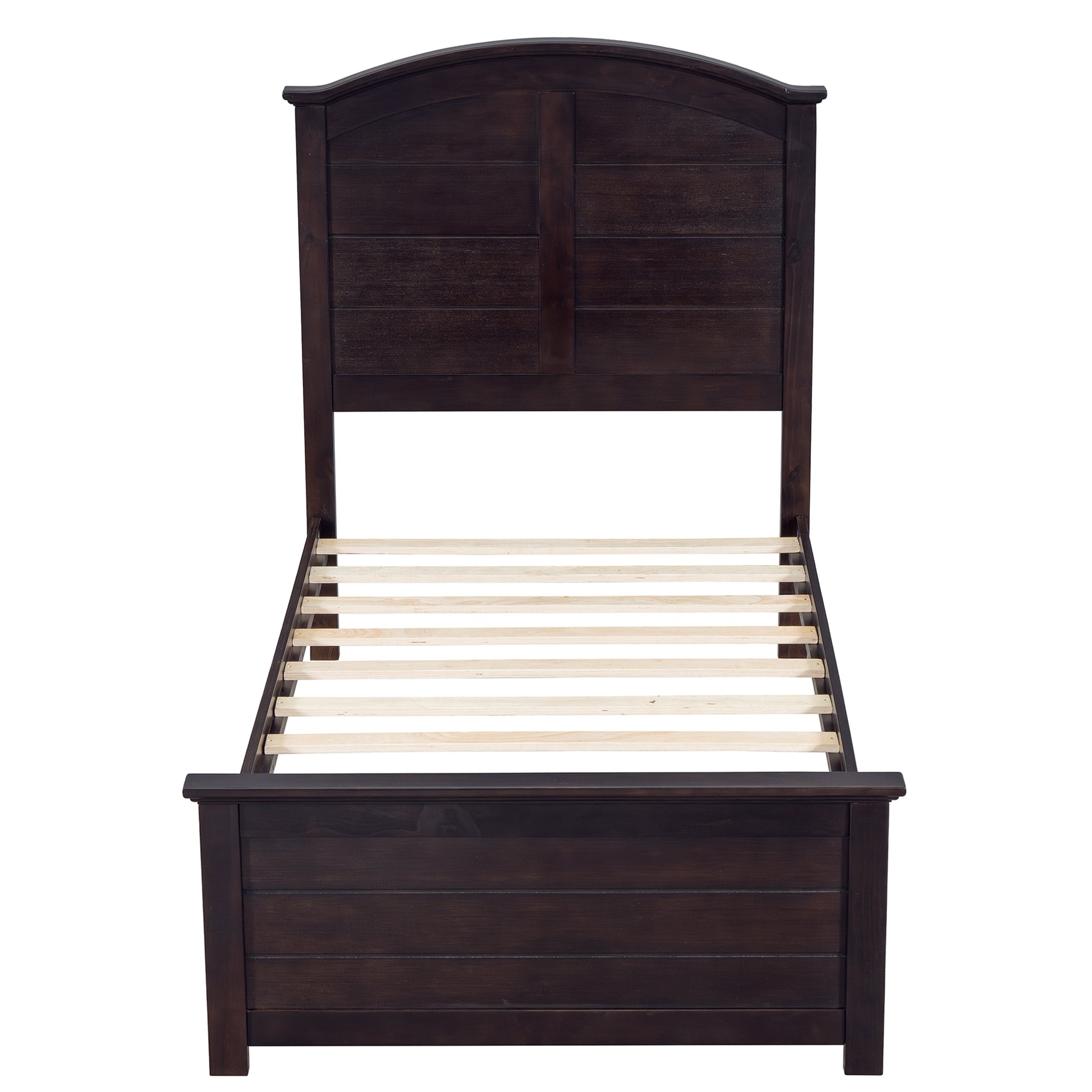 Farmhouse Wooden Platform Twin Size Bed With Curl Design Headboard And Footboard For Teenager, Espresso Twin Espresso Pine