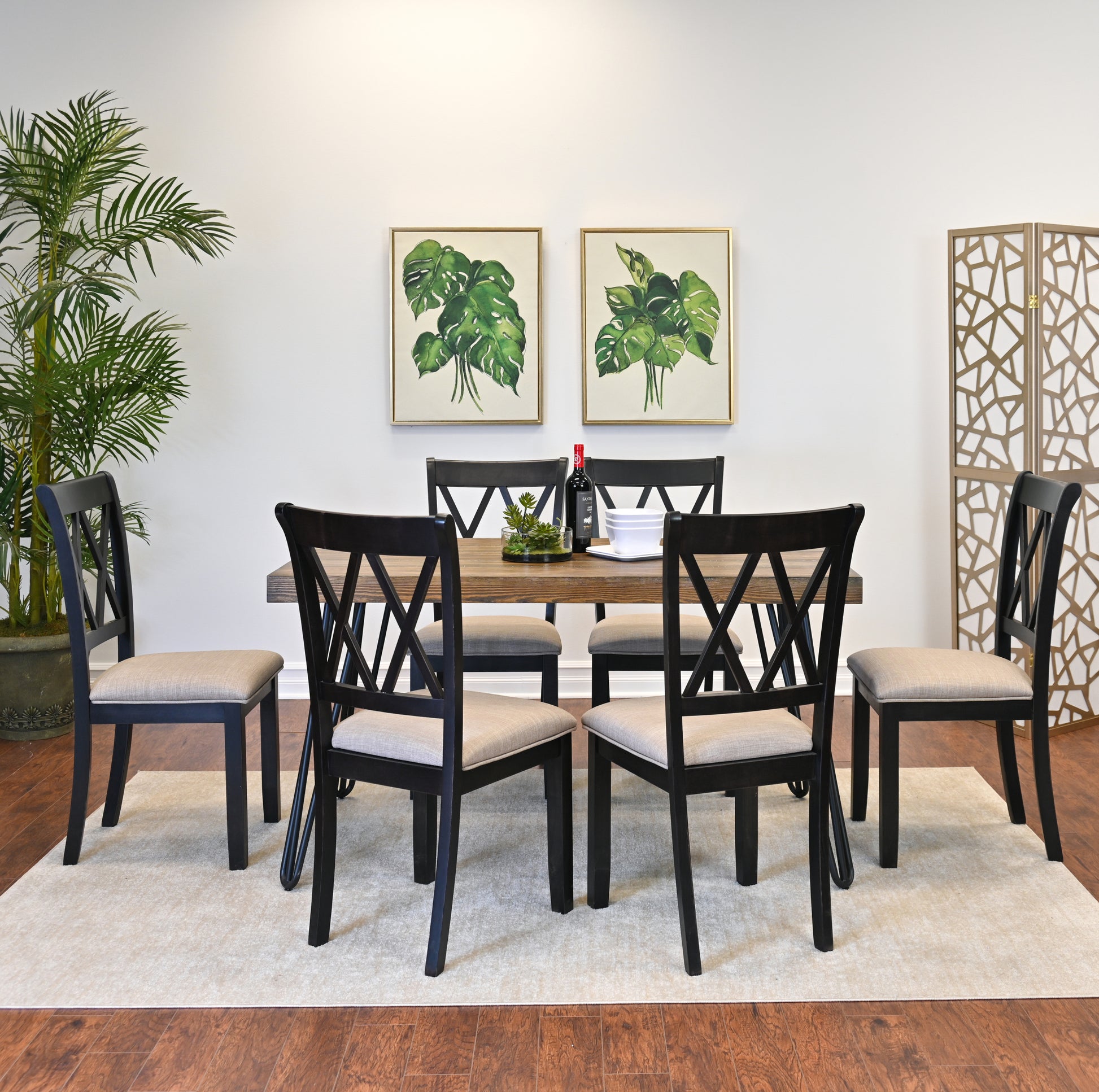 Arroyo 7 Piece Dining Set, Hairpin Dining Table With 6 Cross Back Chairs, Rich Black Brown Metal Dining Room Fixed Table Rubberwood Rectangular Dining Table With Chair Wood Wood Brown Seats 6 Rectangular 4 Leg Mdf