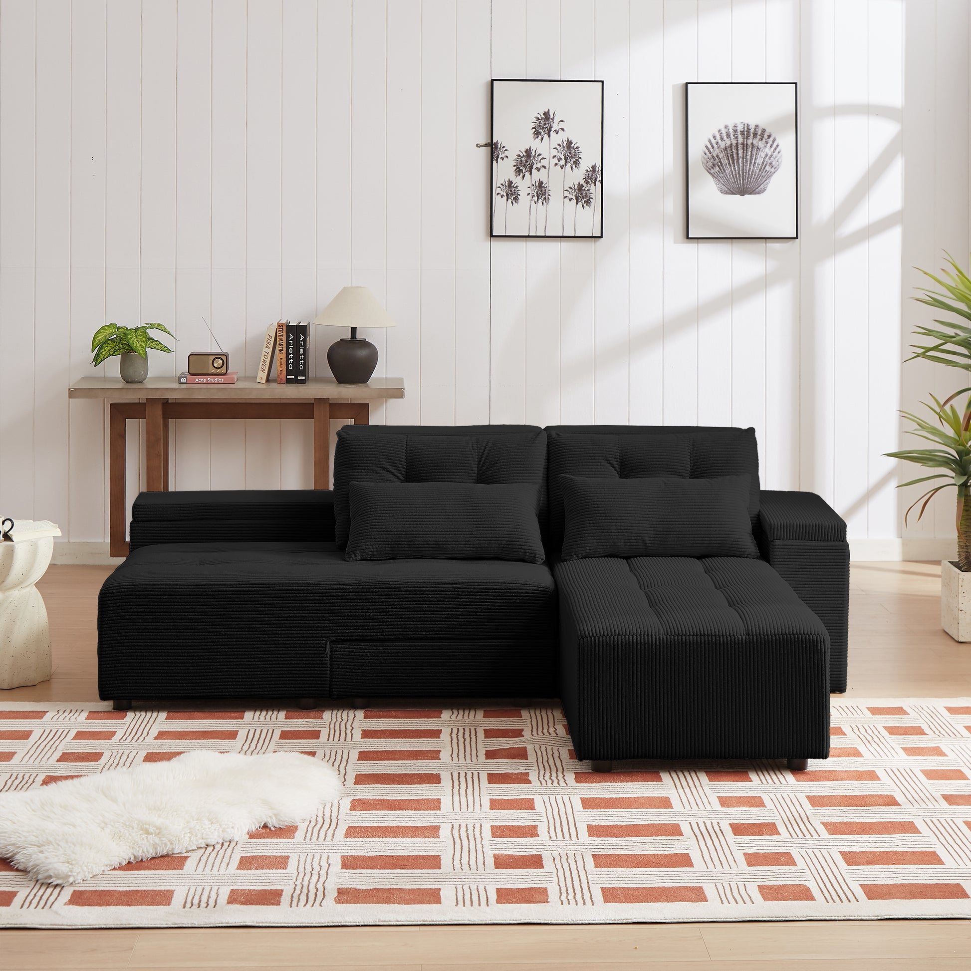 Convertible 3 In 1 Sleeper Sofa And Sectional Sofa With 4 Storage Space For Living Room,Corduroy Couch With 4 Pillows,Corduroy Black Corduroy 3 Seat