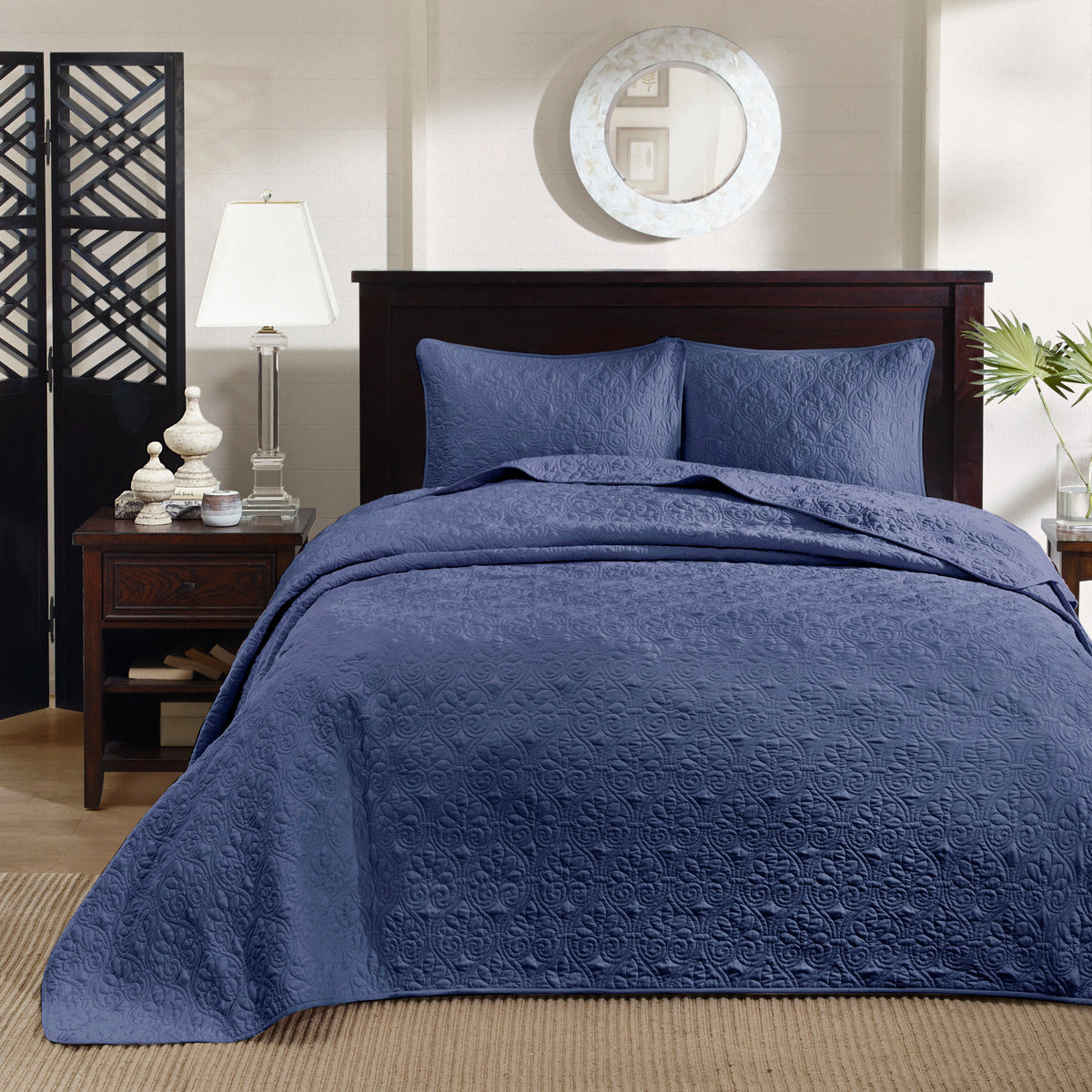 Reversible Bedspread Set Navy Queen Navy Cotton