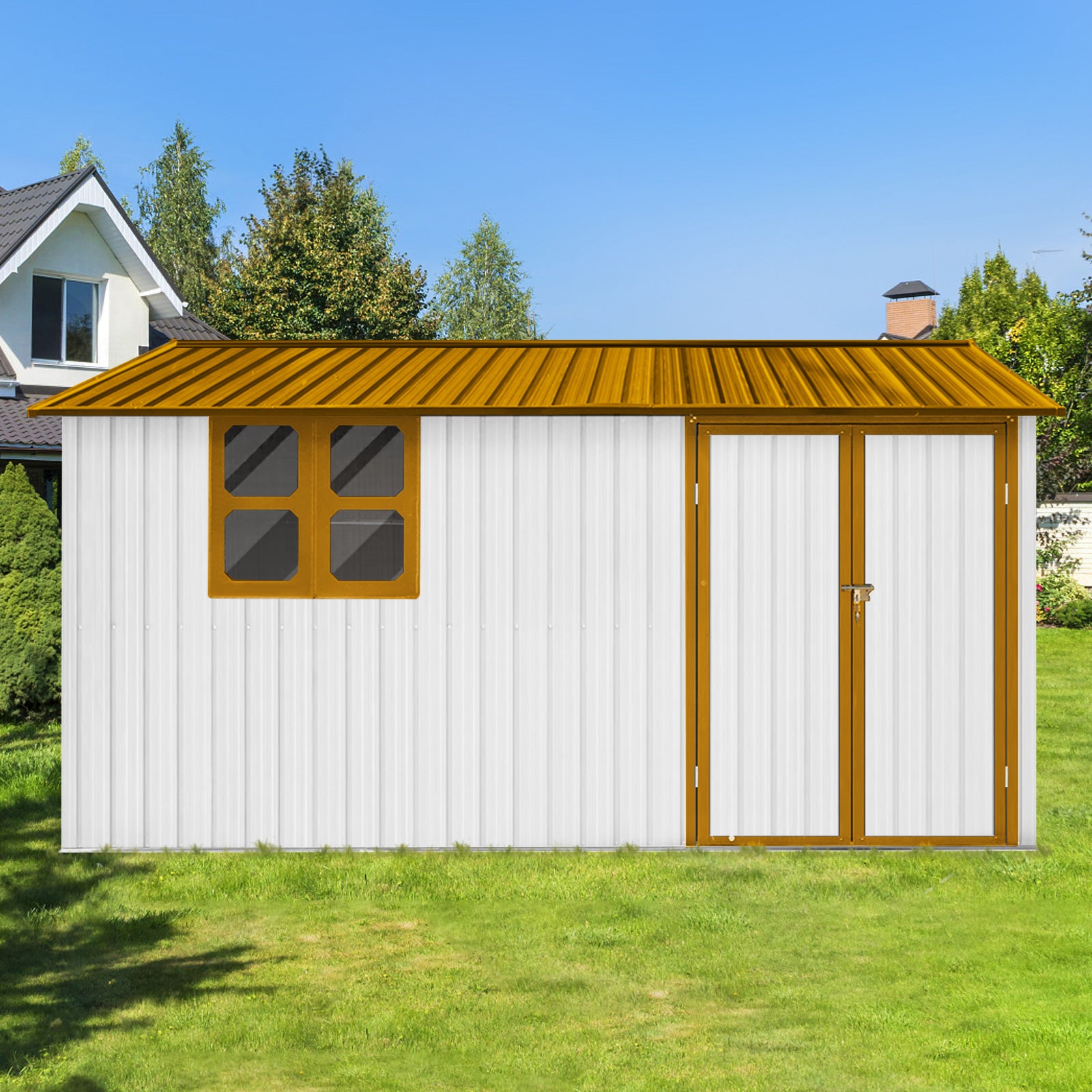 Metal Garden Sheds 10Ftx12Ft Outdoor White Yellow With Window Yellow White Metal