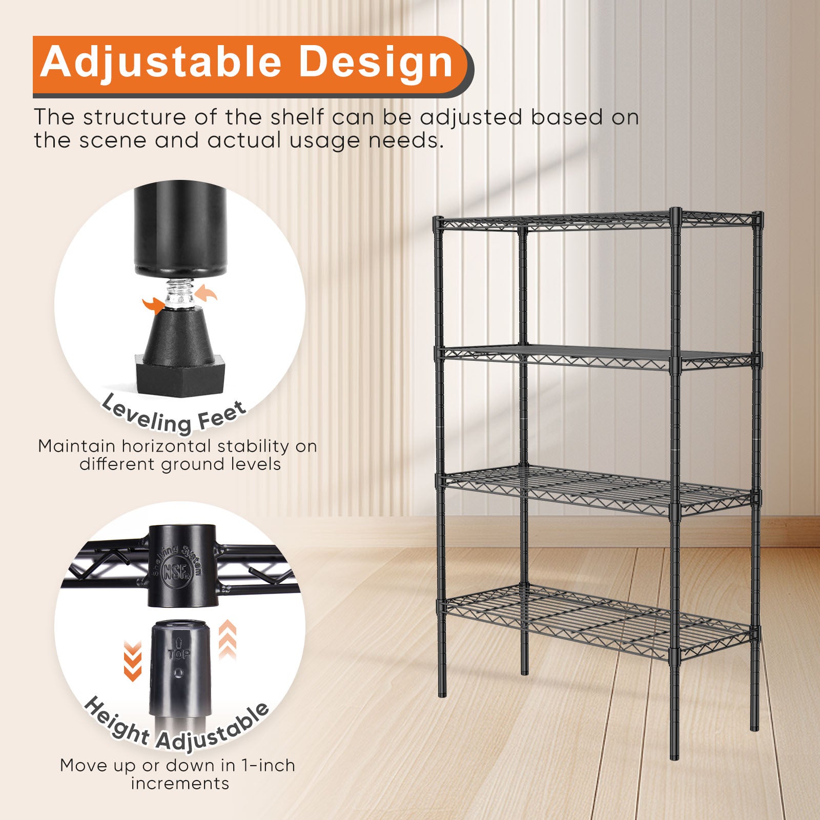 Storage Shelving Unit, Adjustable Metal Wire Racks Heavy Duty Standing Shelf Organizer For Kitchen, Closet, Pantry, Garage, Bathroom, Laundry,4 Tier Black Iron