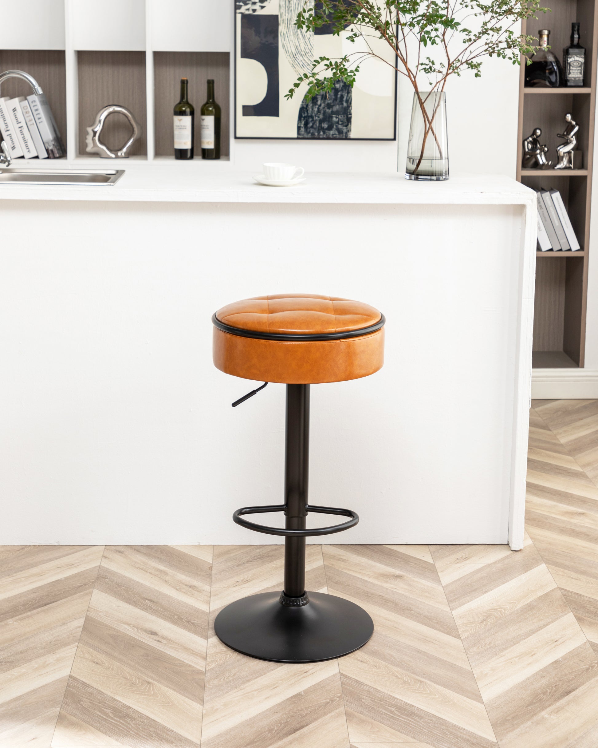 Round Storage Bar Stool Set Of 2, Brown Faux Leather Height Adjustable Barstool, 360 Counter Height Swivel Stool, Armless Bar Chair With Metal Frame For Kitchen Counter Dining Living Room Brown Set Of 2 Foam Pu Leather