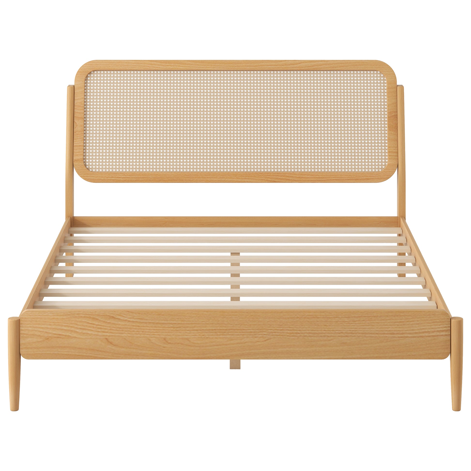 Queen Size Wood Storage Platform Bed With Led Light, Rattan Headboard, Nature Box Spring Not Required Queen Antique Natural Wood Bedroom Bed Frame Wood Rattan