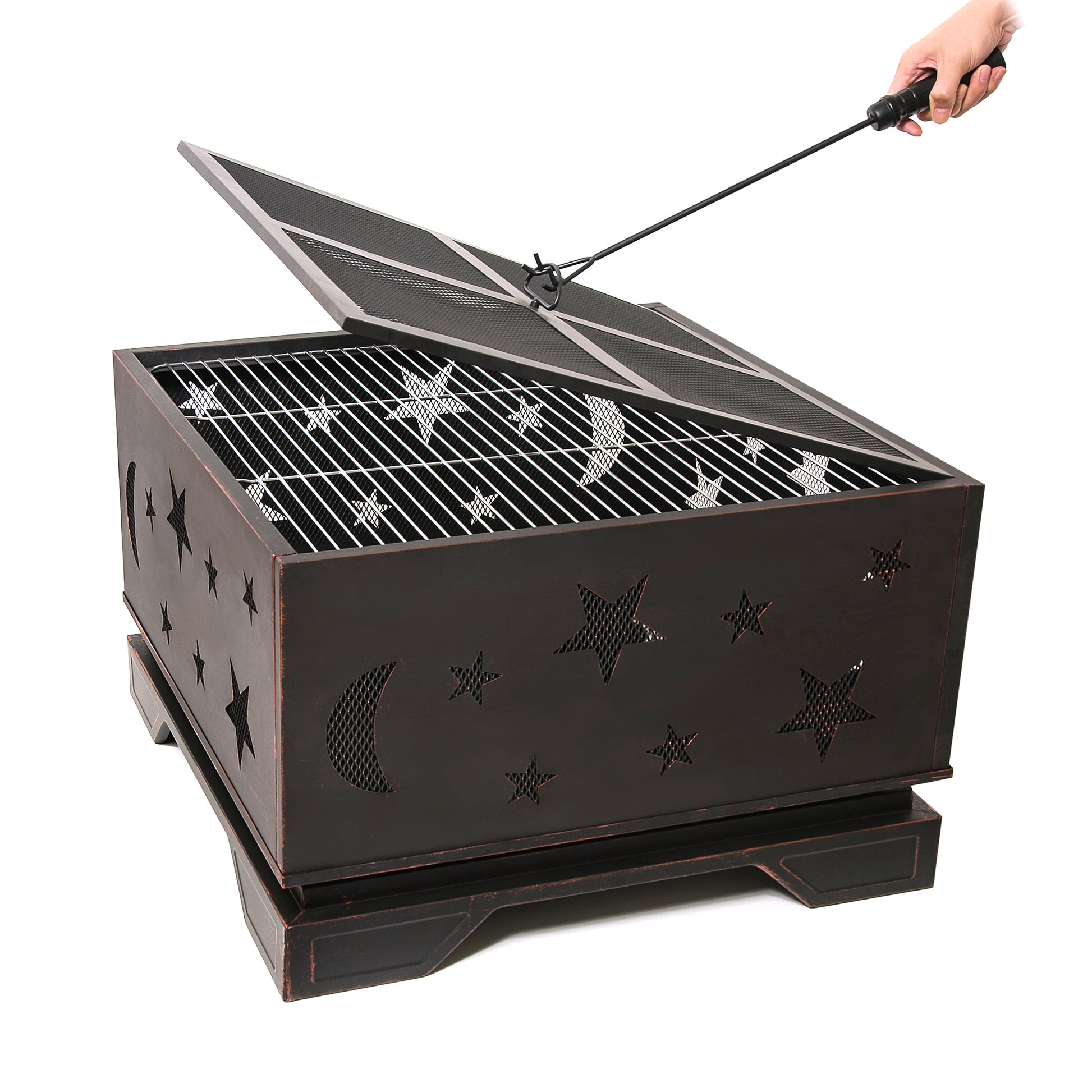 26 Inch Square Fire Pit With Bbq Grill, Outdoor Wood Burning Firepit With Poker, Large Burning Space Fireplace For Patio Garden Camping Backyard Picnic Bonfire Antique Brass Black Steel