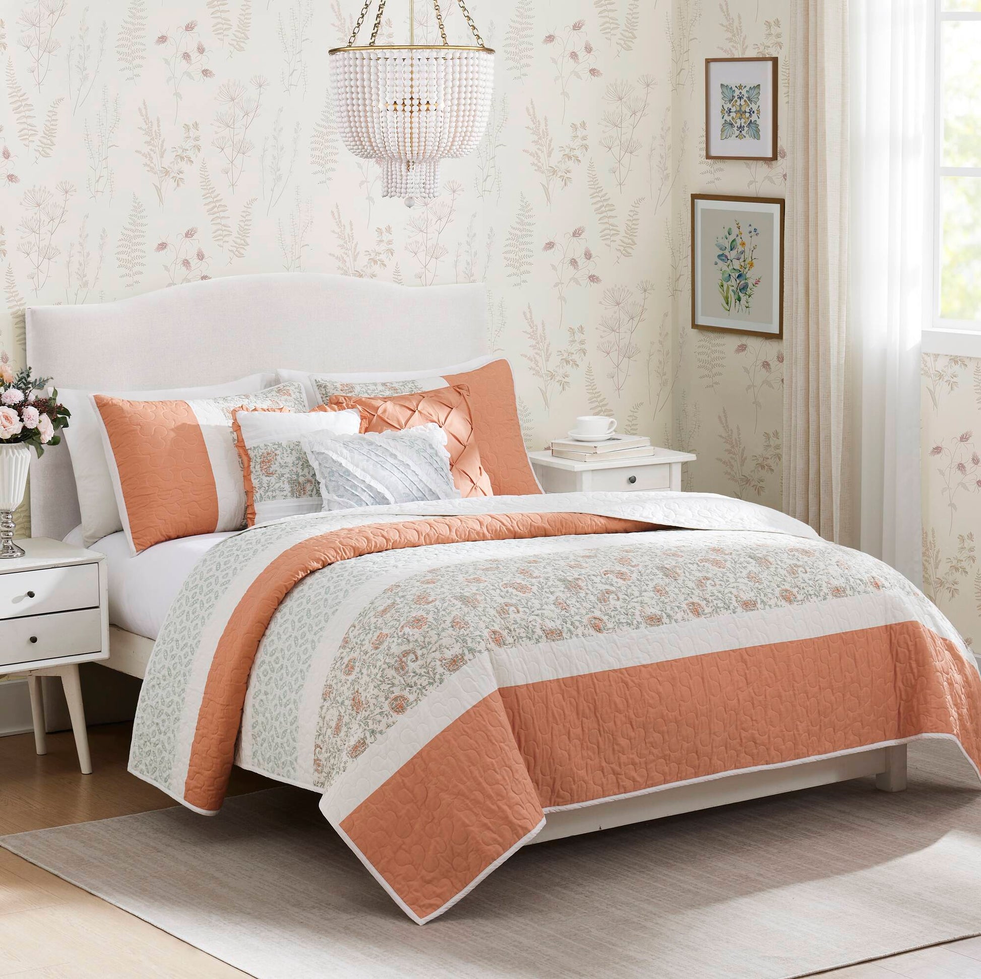 6 Piece Cotton Percale Quilt Set With Throw Pillows Coral Full Queen Full Coral Polyester