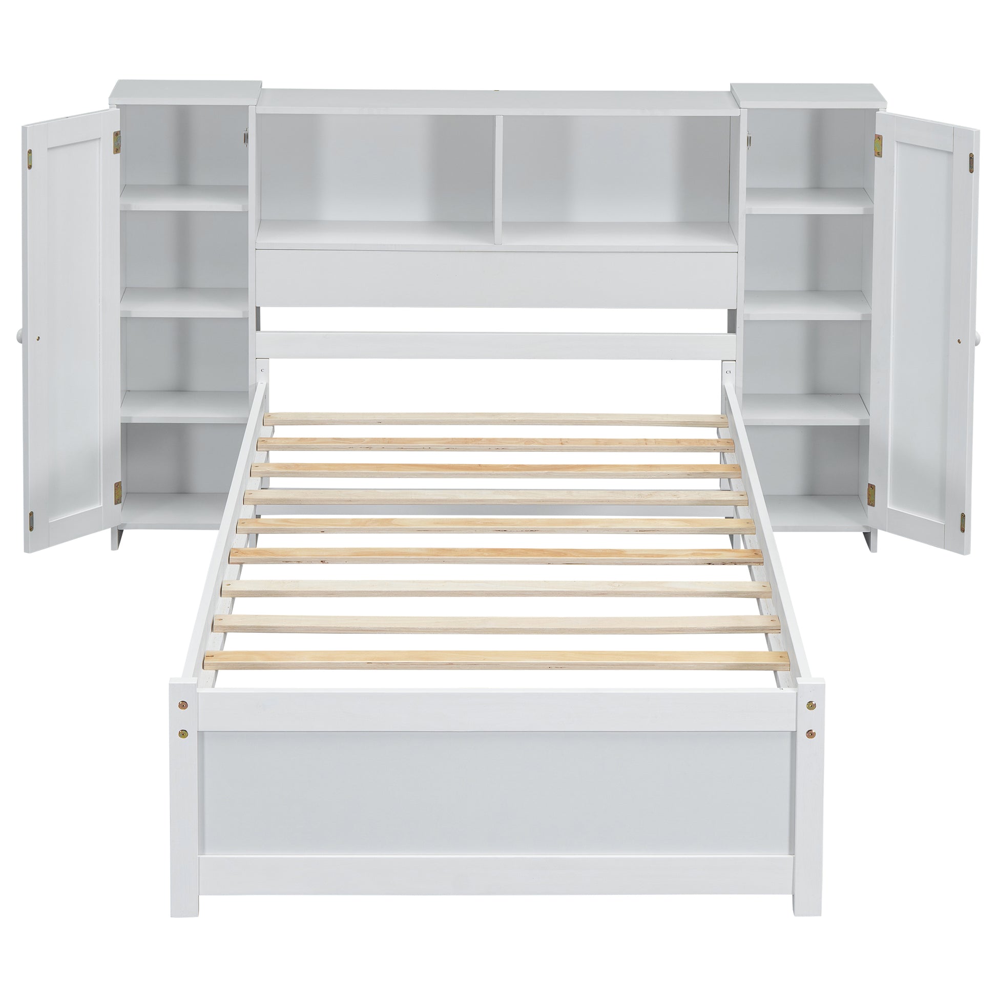 Twin Size Platform Bed With Storage Headboard And Lockers, White Twin Box Spring Not Required White Wood Bedroom Solid Wood Mdf