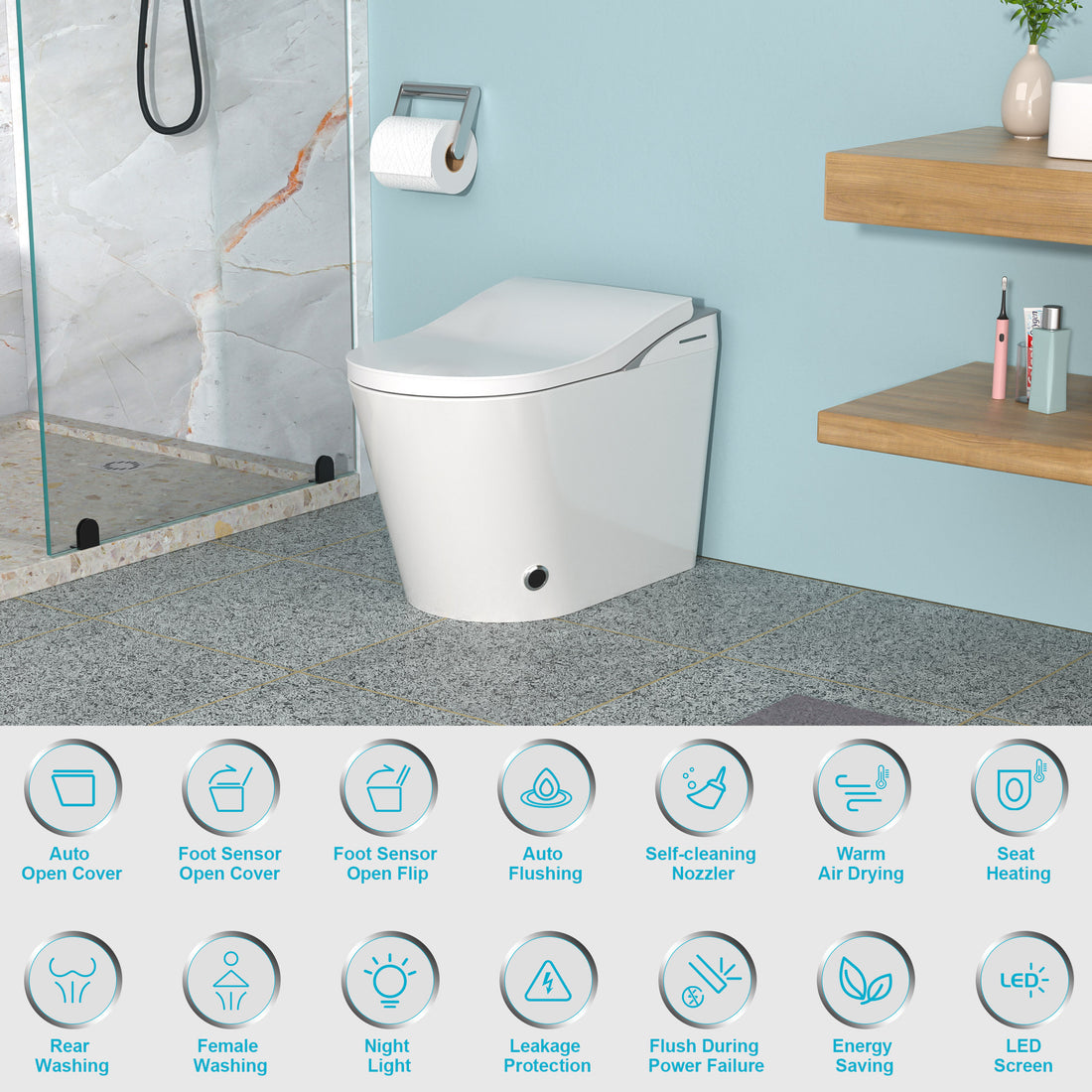 Smart Toilet With Bidet Built In, Auto Open & Close, Elongated Heated Seat, Foot Sensor Flush, Led Display, Warm Water Wash, Dryer, Night Light White Ceramic