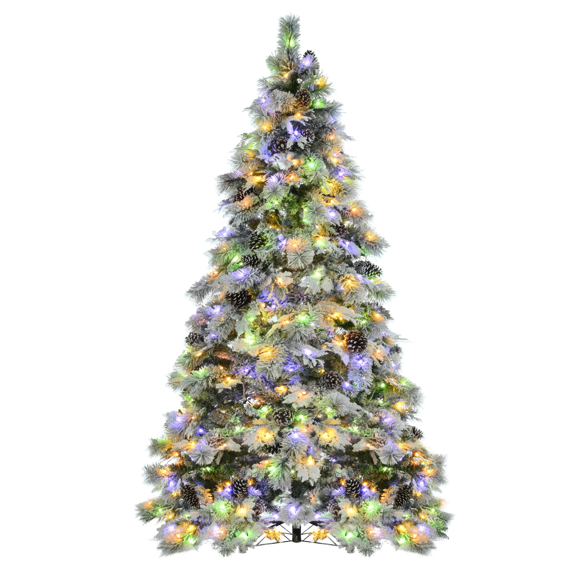 7.5Ft Pre Lit Spruce Snow Flocked Christmas Tree With Pine Cones, Artificial Xmas Tree With 745 Branch Tips,Mixed Pe & Pvc Branches, 450 Multi Color Led Lights, 11 Flashing Modes, Holiday Decor White Green Polyethylene,Pvc