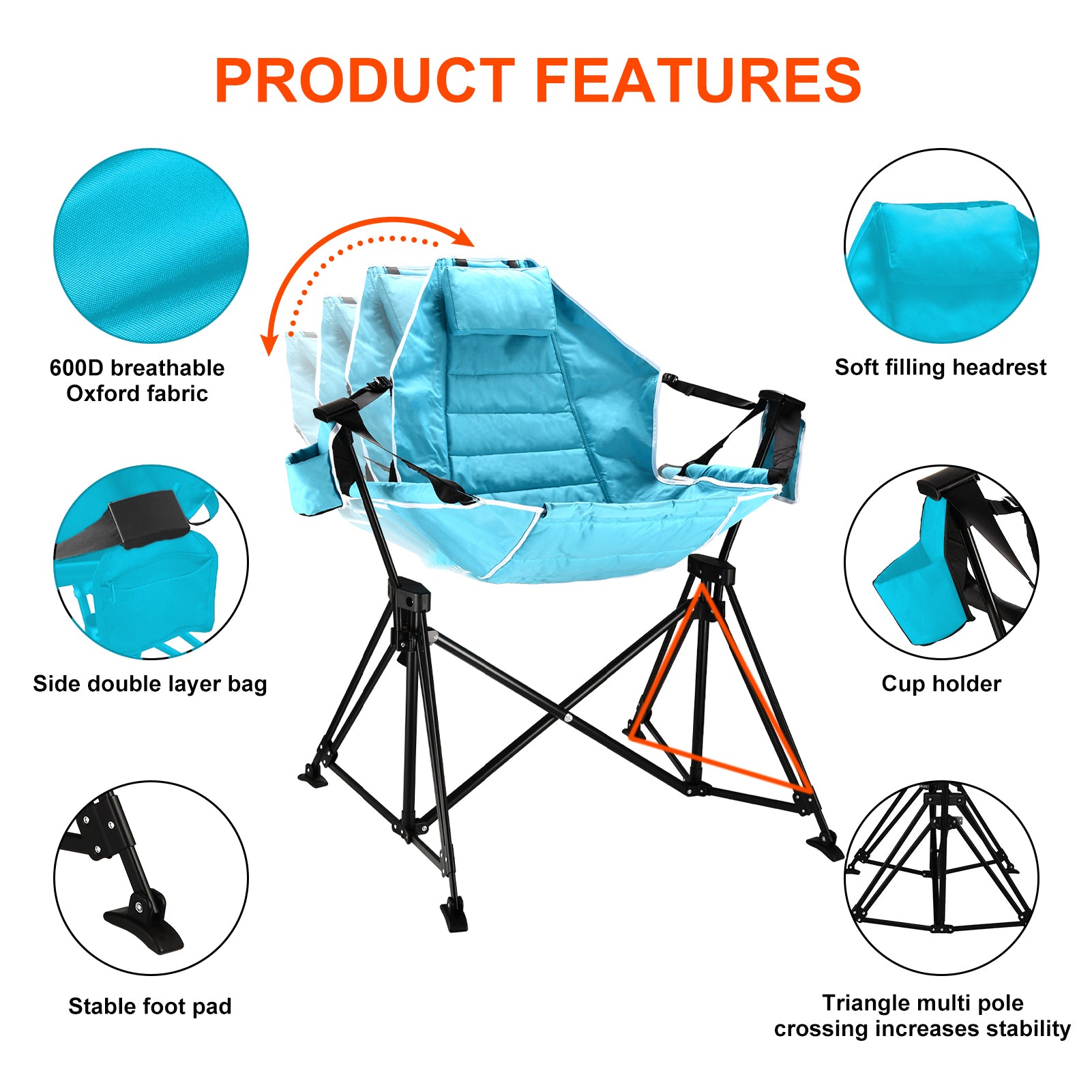 Hammock Camping Chair Folding 350 Lbs Foldable Portable Rocking Chairs For Adults Outside Swinging Camp With Stand Lawn Garden Hanging Outdoor Antique Blue Green Iron