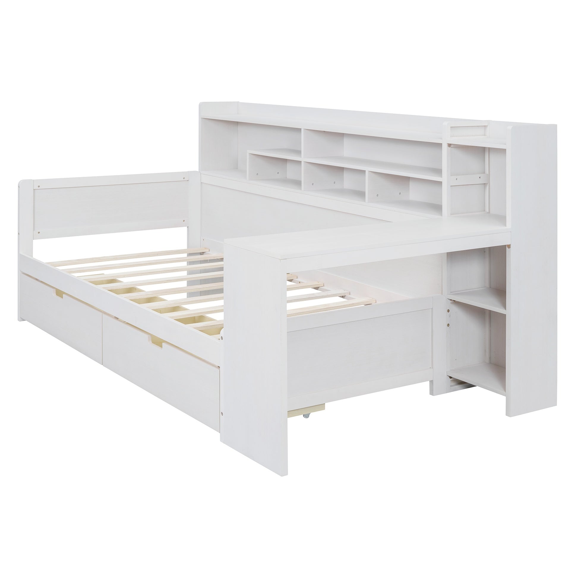 Wooden Twin Size Daybed With Storage Shelves, Multi Functional Bed With Two Storage Drawers And Study Desk, Antique White Twin Antique White Wood