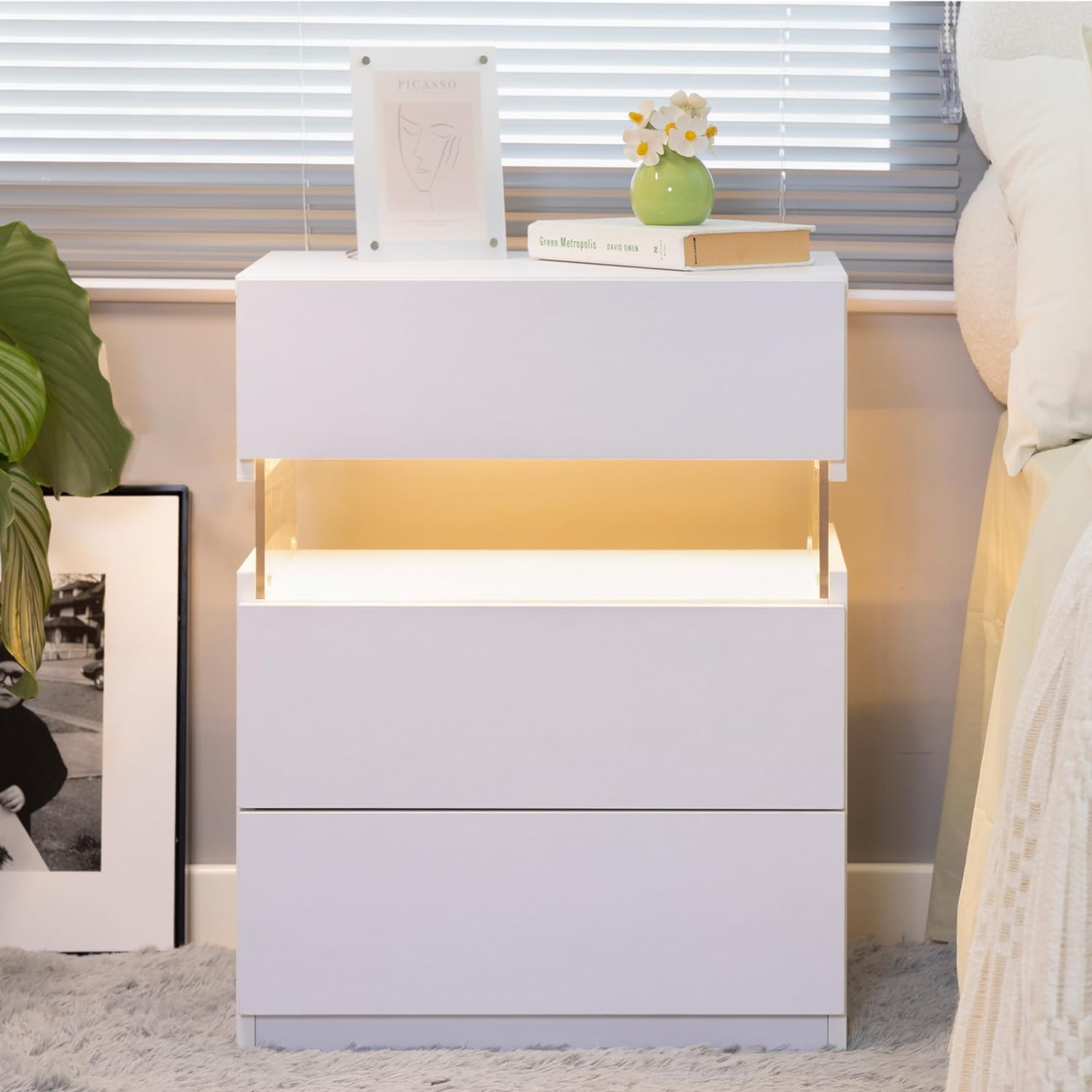 Led Nightstands 3 Drawer Dresser For Bedroom End Table With Acrylic Board Led Bedside Tables For Bedroom Living Room Bedside Furniture White White 3 Drawers Bedroom American Design,American Traditional,Boho,Classic Storage Engineered Wood